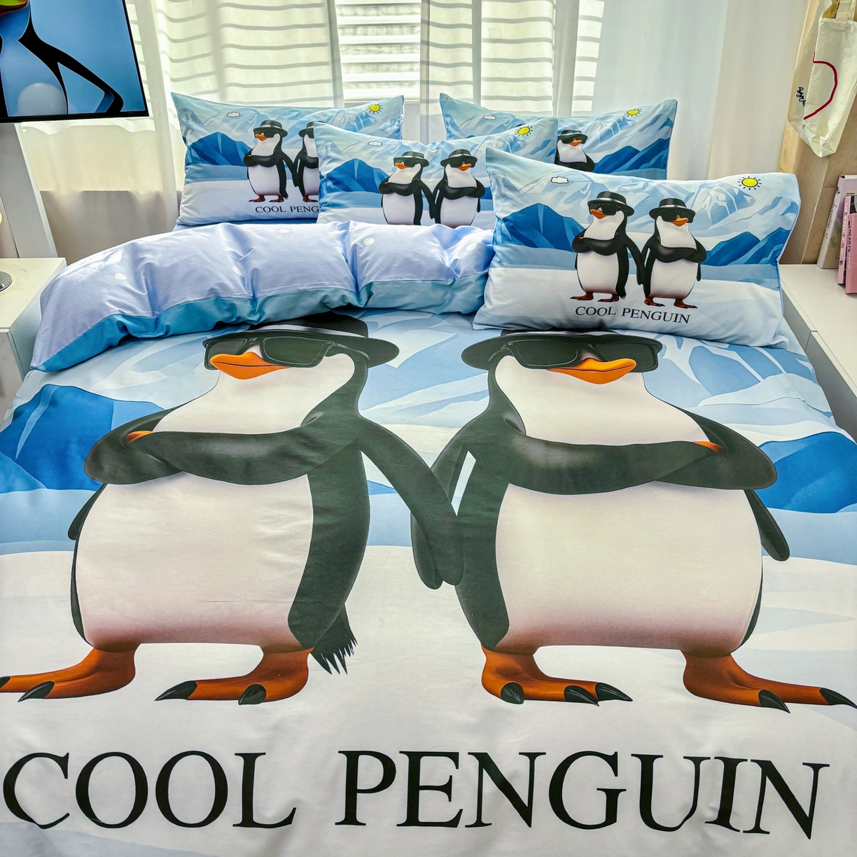 91家纺网 家纺一手货源 找家纺 孩子王家纺 2026新款卡通亲肤活性大版全纯棉专版企鹅系列四件套 冰川企鹅