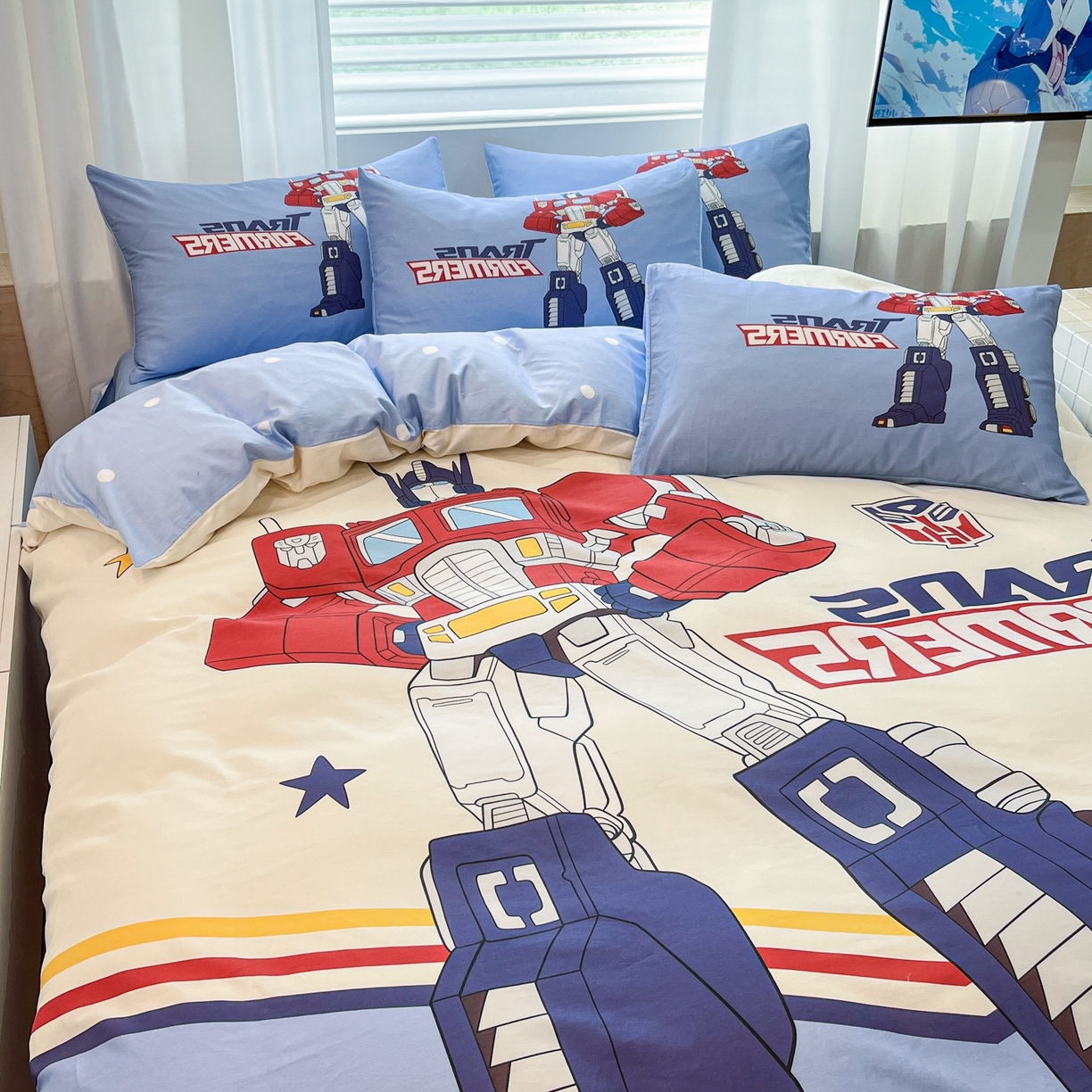 91家纺网 家纺一手货源 找家纺 孩子王家纺 2026新款卡通全棉纯棉正版授权大版变形金刚四件套 超能勇士