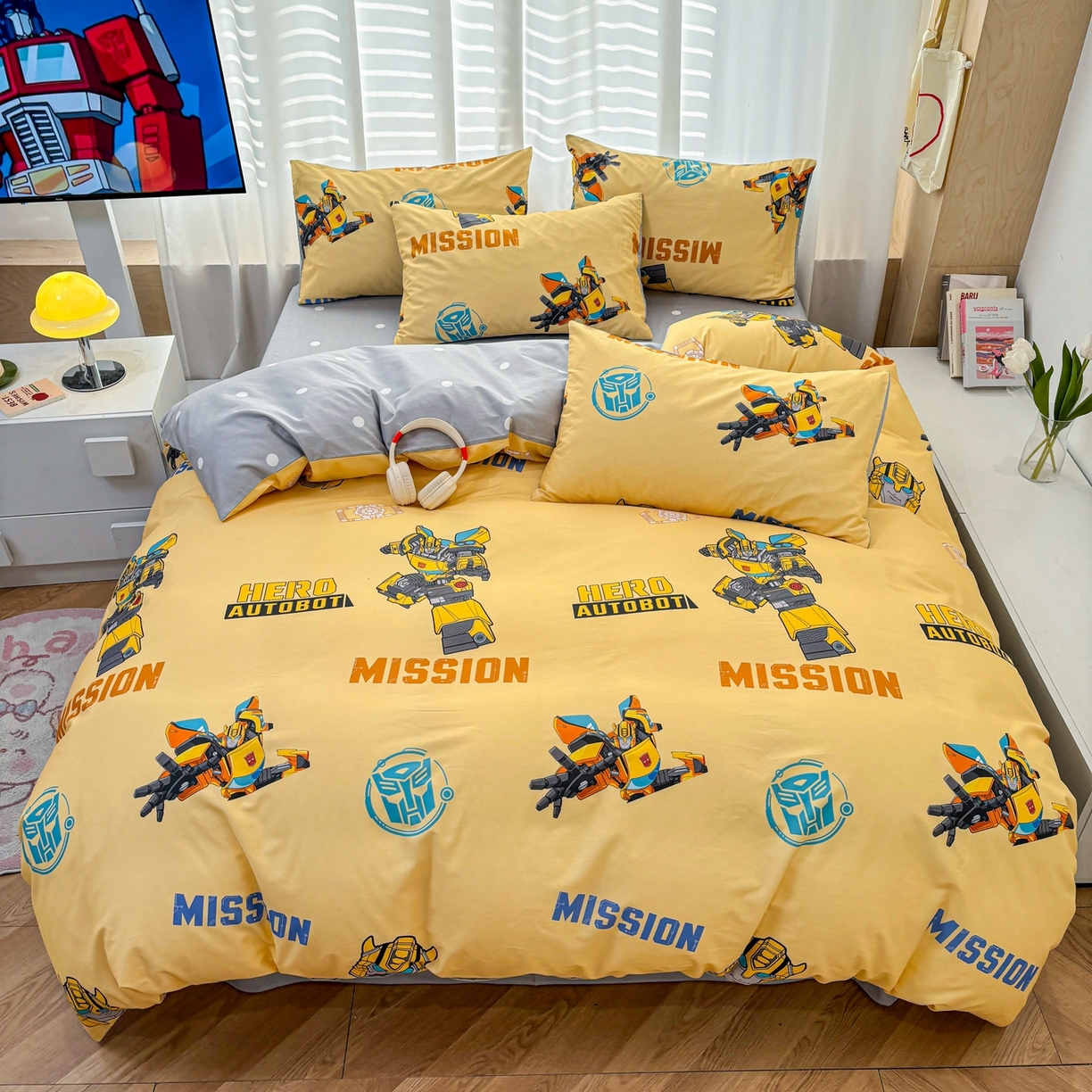 孩子王家纺 2026新款卡通全棉纯棉正版授权大版变形金刚四件套 黄蜂伙伴