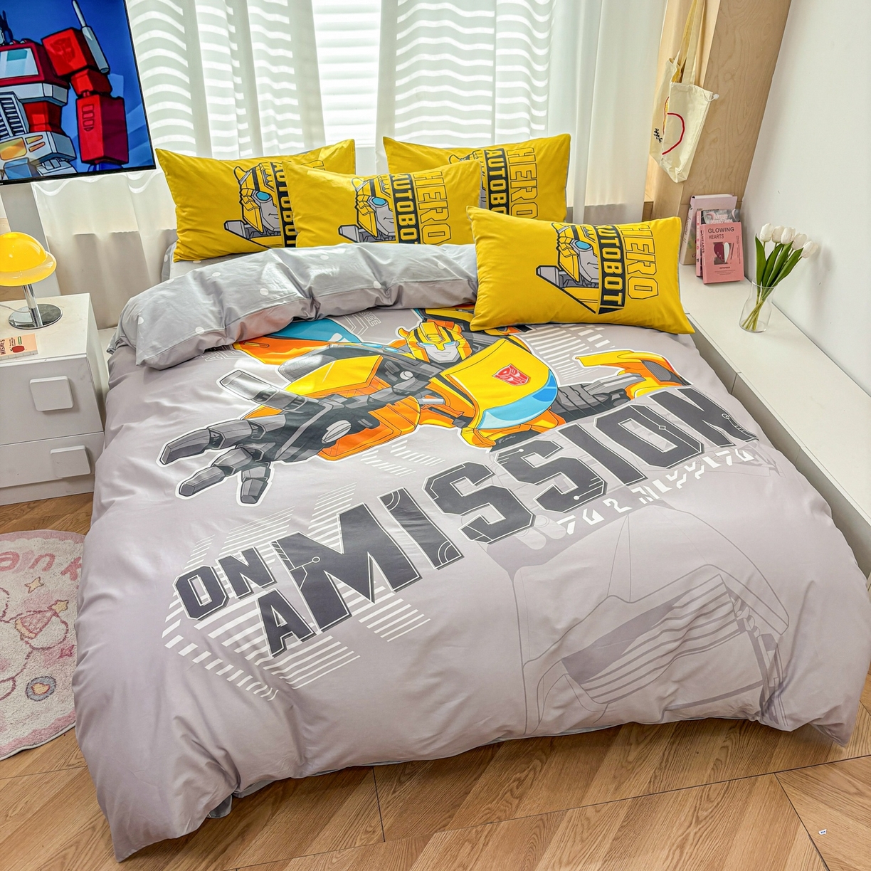 91家纺网 家纺一手货源 找家纺 孩子王家纺 2026新款卡通全棉纯棉正版授权大版变形金刚四件套 超能大黄蜂