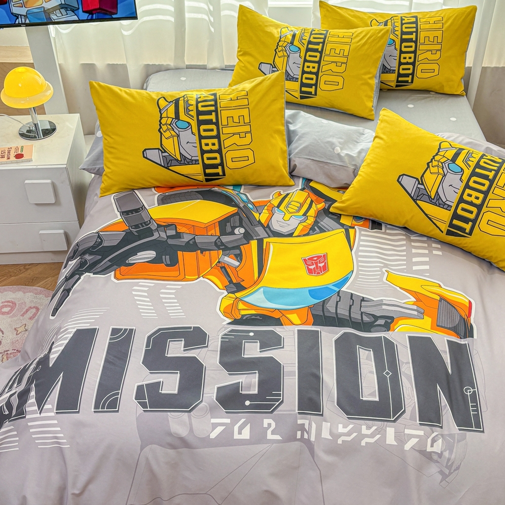 91家纺网 家纺一手货源 找家纺 孩子王家纺 2026新款卡通全棉纯棉正版授权大版变形金刚四件套 超能大黄蜂