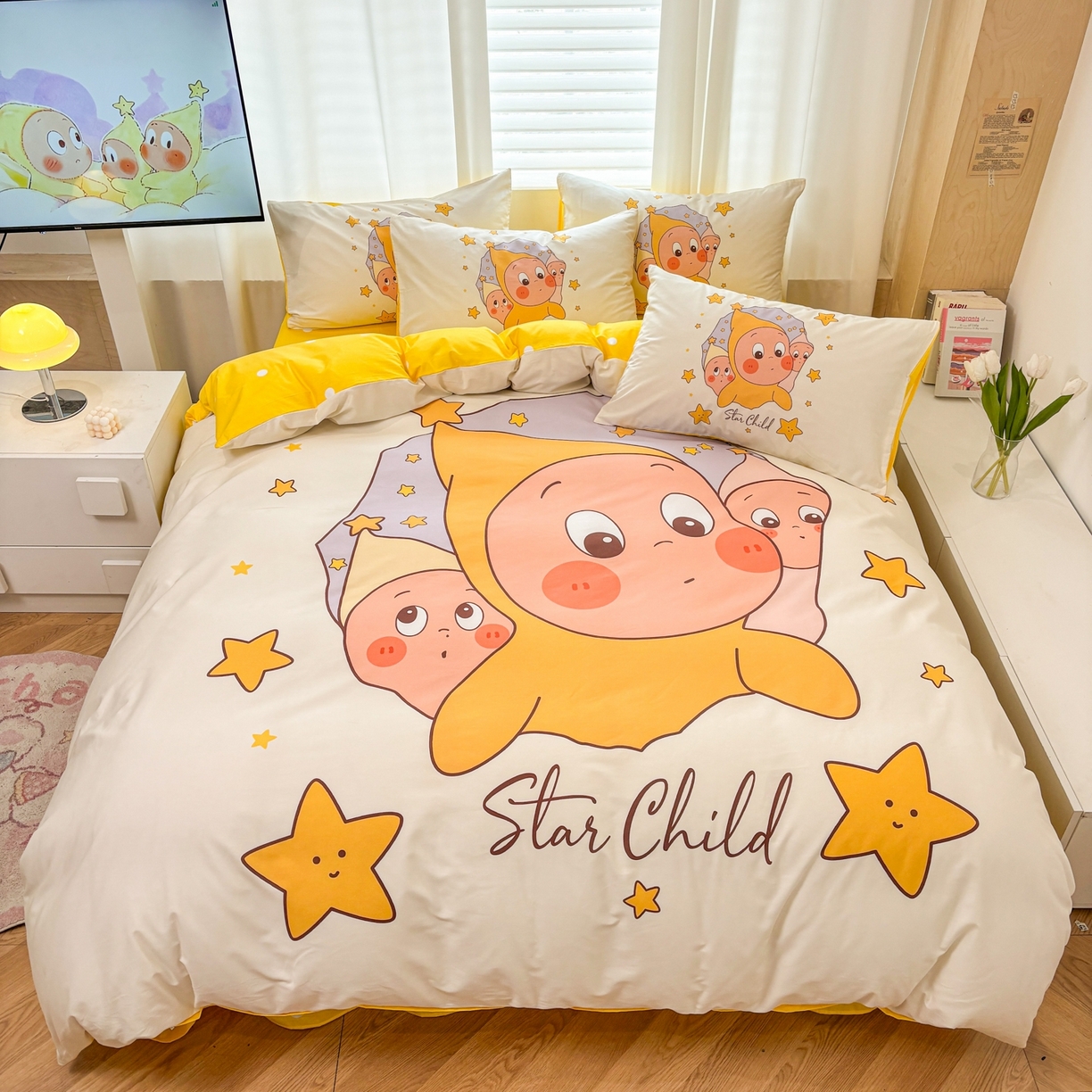 91家纺网 家纺一手货源 找家纺 （总）孩子王家纺 2026新款卡通亲肤全棉纯棉大版星星人系列四件套