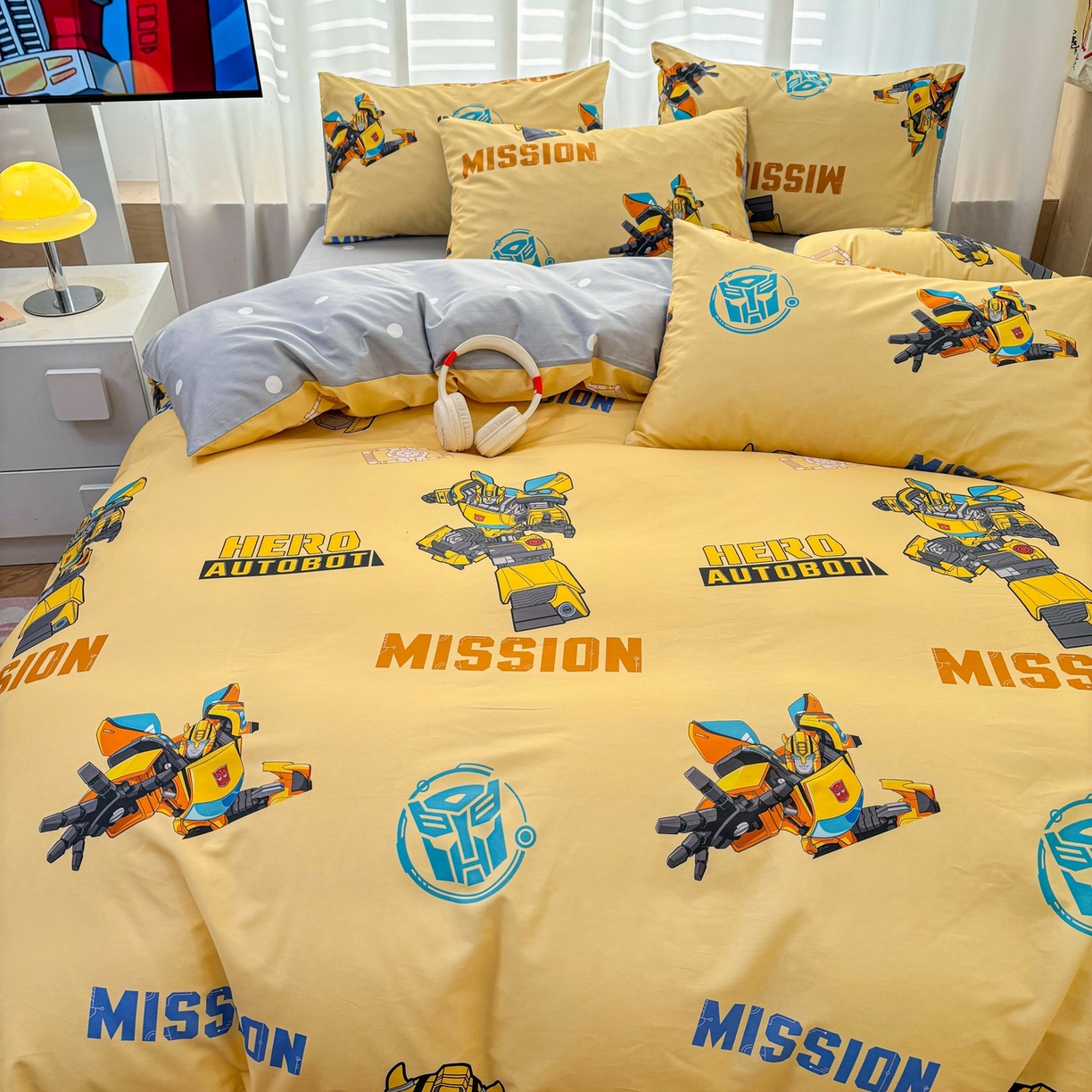 91家纺网 家纺一手货源 找家纺 孩子王家纺 2026新款卡通全棉纯棉正版授权大版变形金刚四件套 黄蜂伙伴