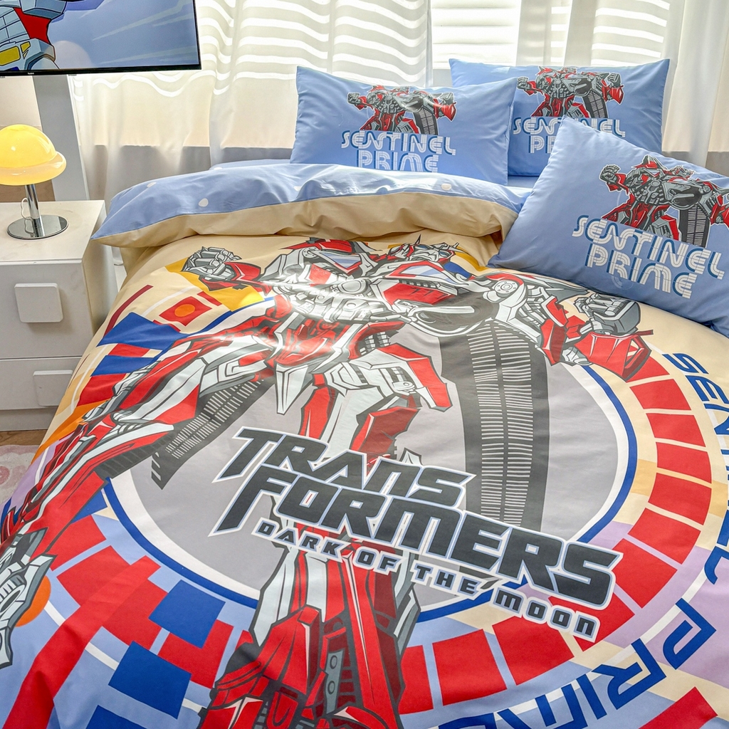 91家纺网 家纺一手货源 找家纺 孩子王家纺 2026新款卡通全棉纯棉正版授权大版变形金刚四件套 热血金刚