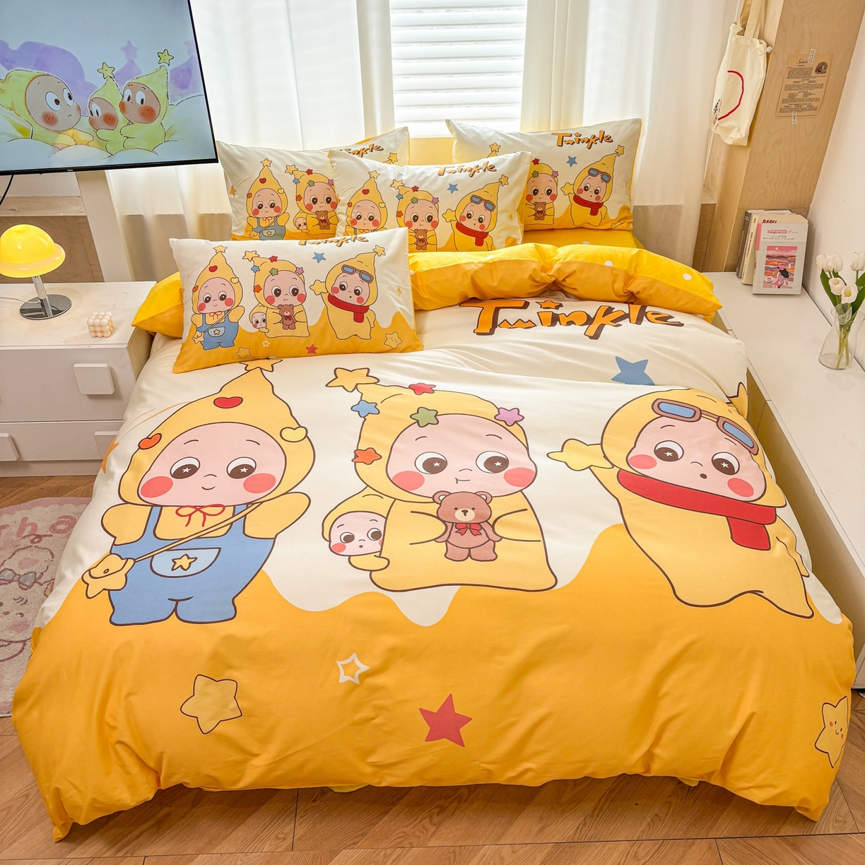 91家纺网 家纺一手货源 找家纺 孩子王家纺 2026新款卡通亲肤全棉纯棉大版星星人系列四件套 星星小纵队