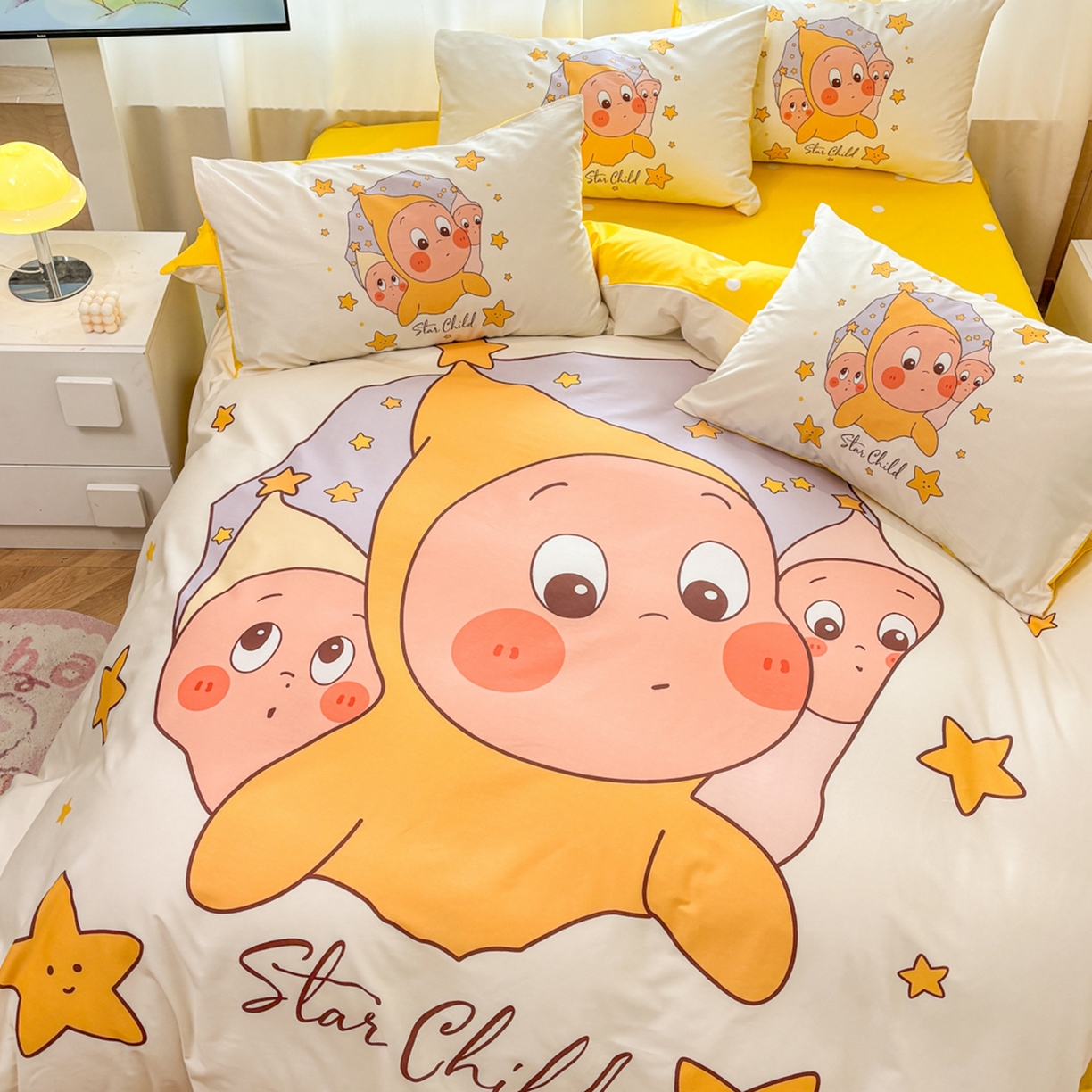 91家纺网 家纺一手货源 找家纺 孩子王家纺 2026新款卡通亲肤全棉纯棉大版星星人系列四件套 星星糯米团