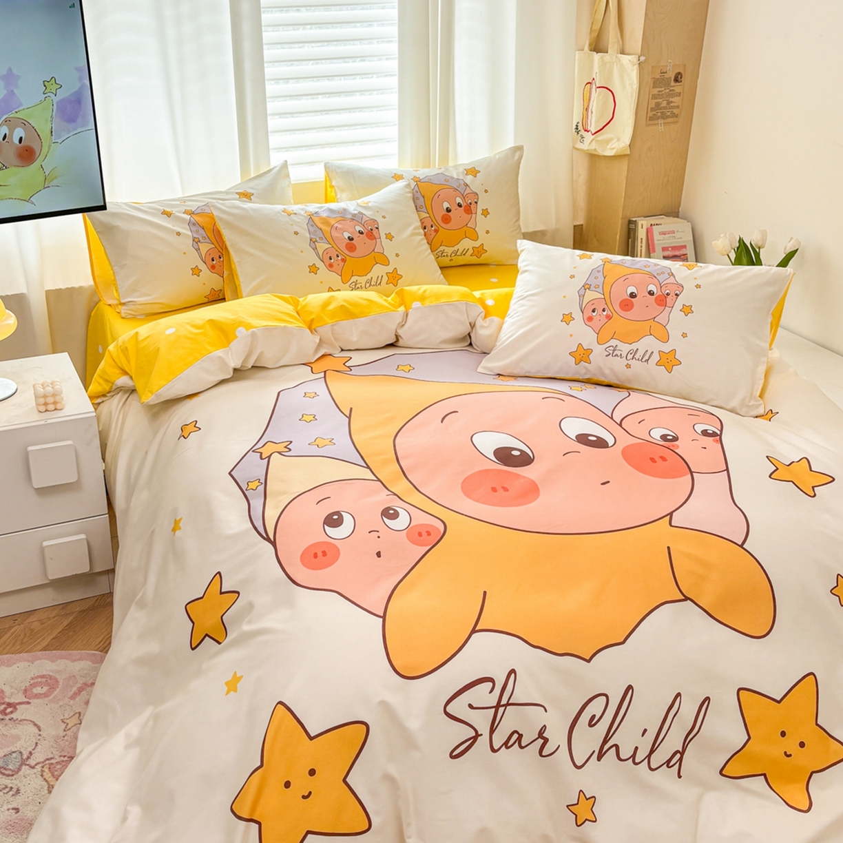 91家纺网 家纺一手货源 找家纺 孩子王家纺 2026新款卡通亲肤全棉纯棉大版星星人系列四件套 星星糯米团