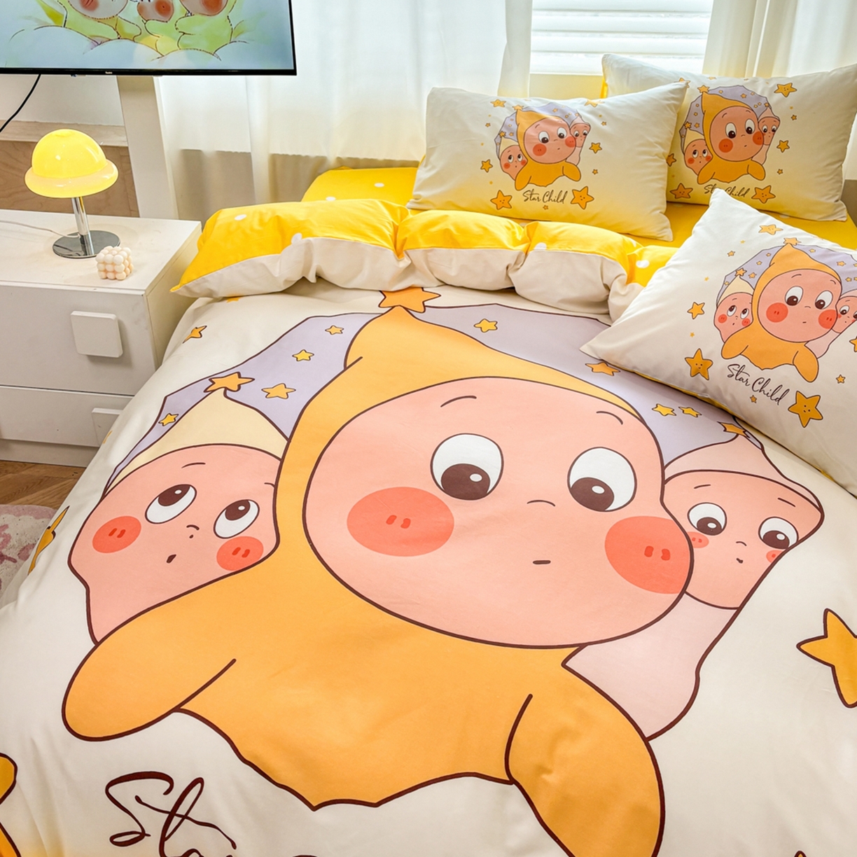 91家纺网 家纺一手货源 找家纺 孩子王家纺 2026新款卡通亲肤全棉纯棉大版星星人系列四件套 星星糯米团