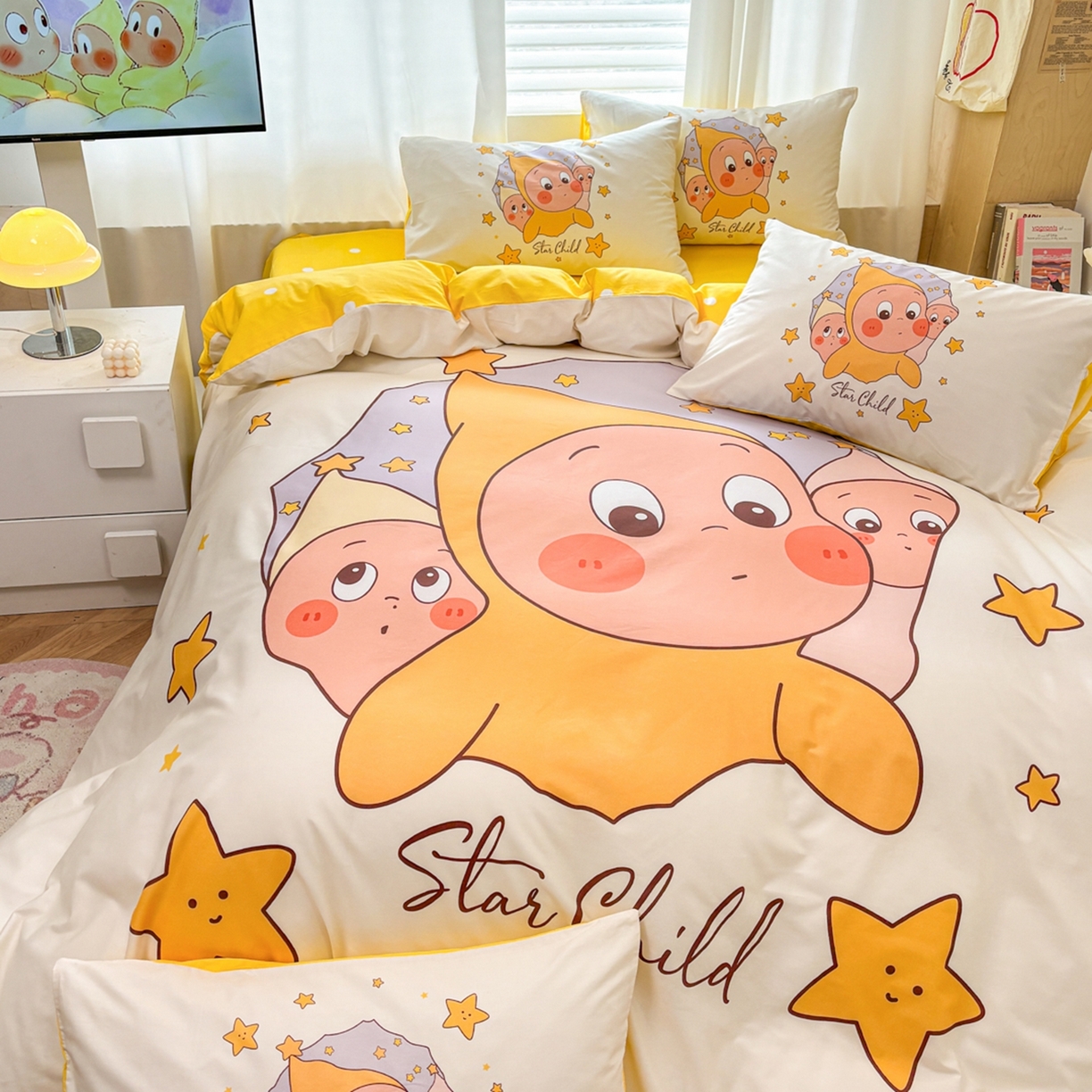 91家纺网 家纺一手货源 找家纺 孩子王家纺 2026新款卡通亲肤全棉纯棉大版星星人系列四件套 星星糯米团