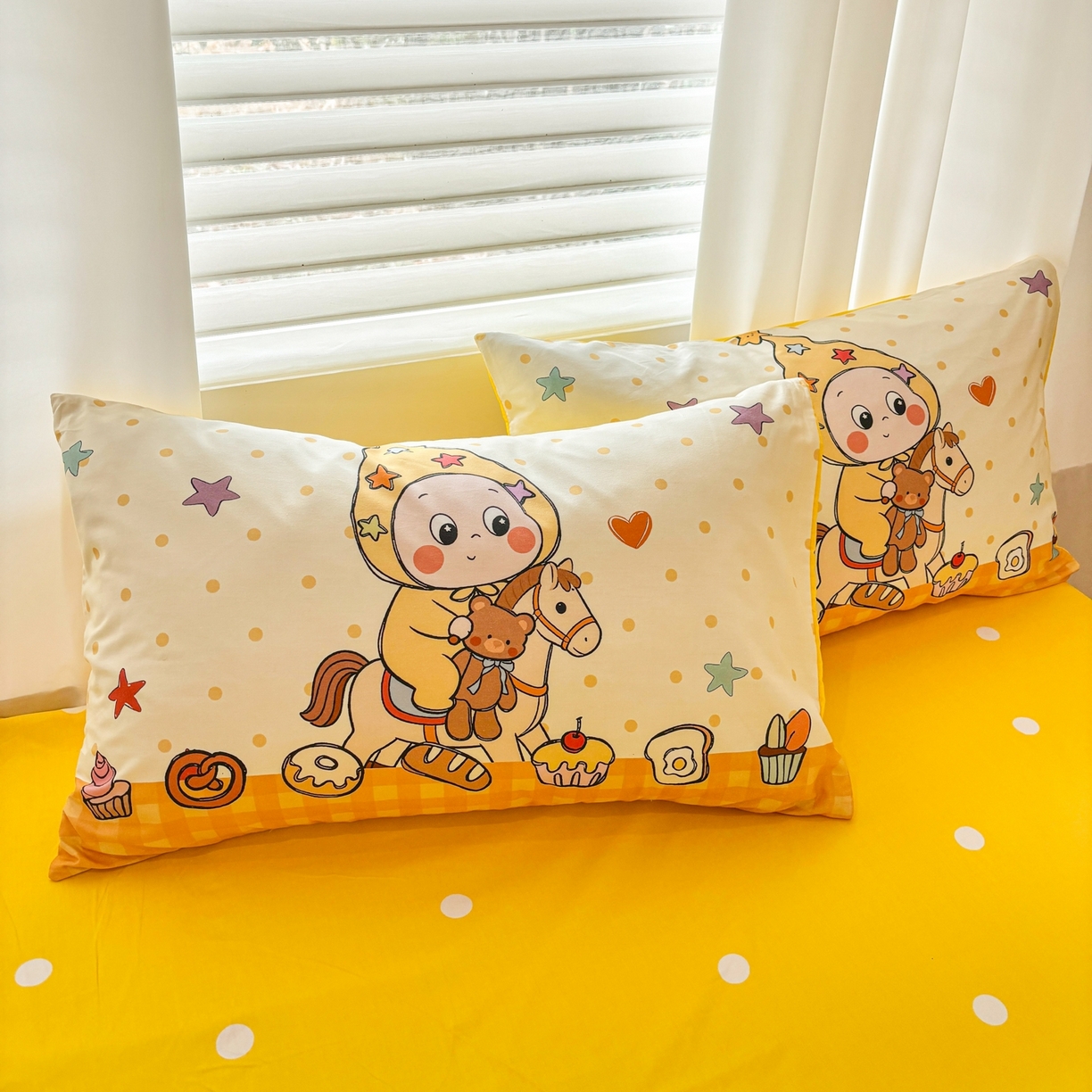 91家纺网 家纺一手货源 找家纺 孩子王家纺 2026新款卡通亲肤全棉纯棉大版星星人系列四件套 焦糖木马