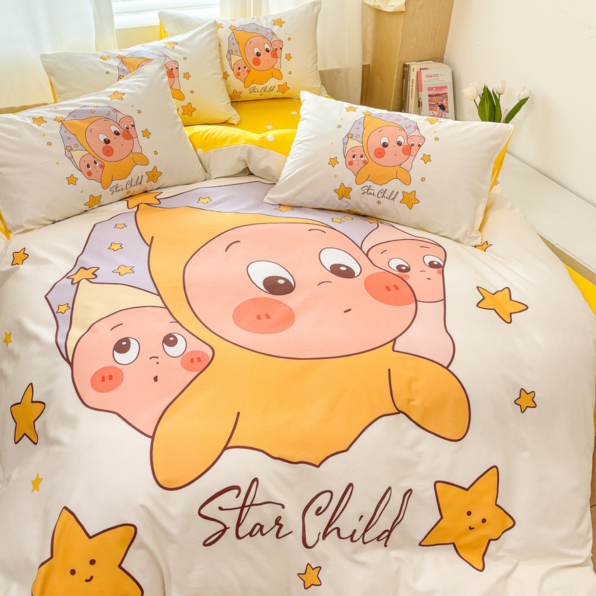 91家纺网 家纺一手货源 找家纺 孩子王家纺 2026新款卡通亲肤全棉纯棉大版星星人系列四件套 星星糯米团