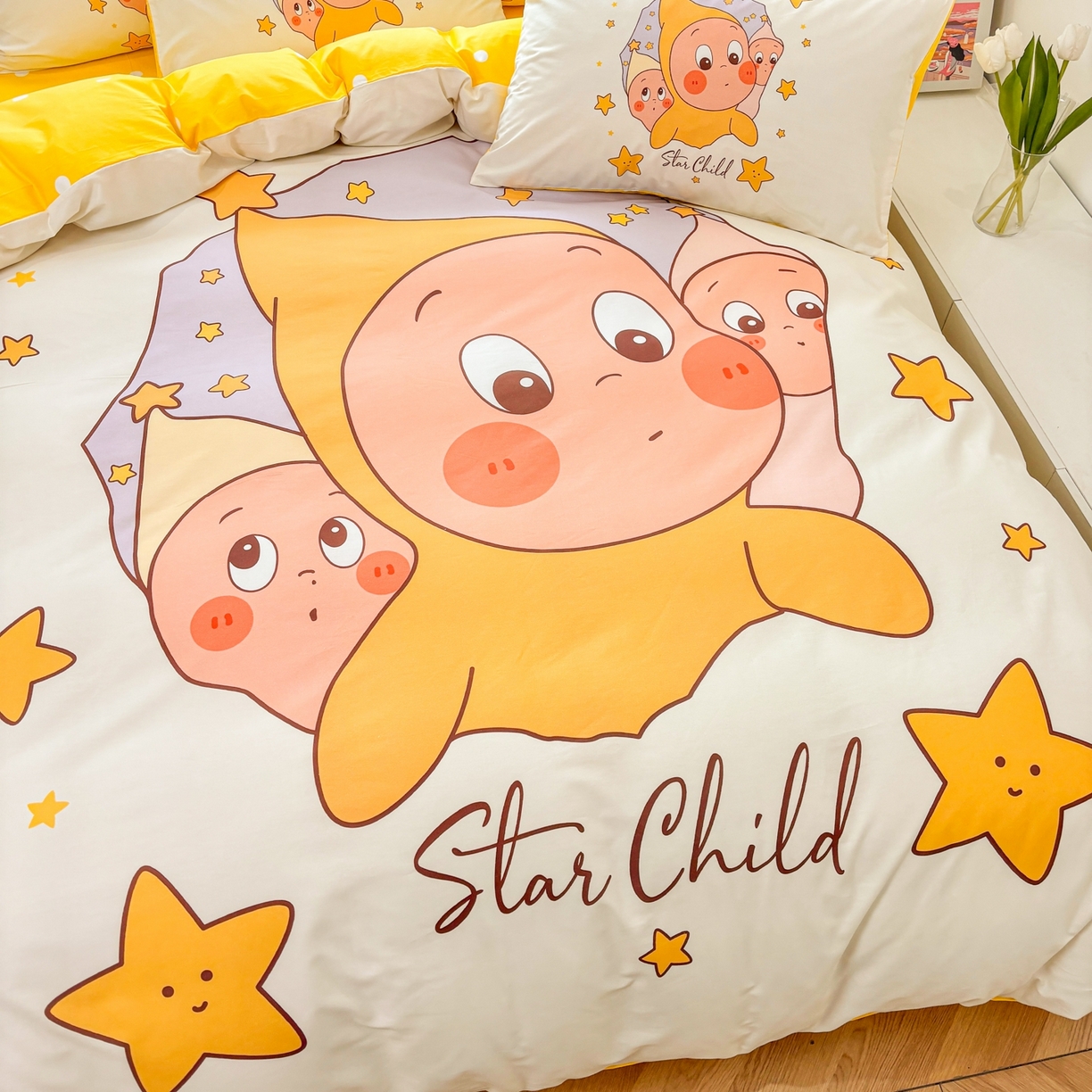 91家纺网 家纺一手货源 找家纺 孩子王家纺 2026新款卡通亲肤全棉纯棉大版星星人系列四件套 星星糯米团