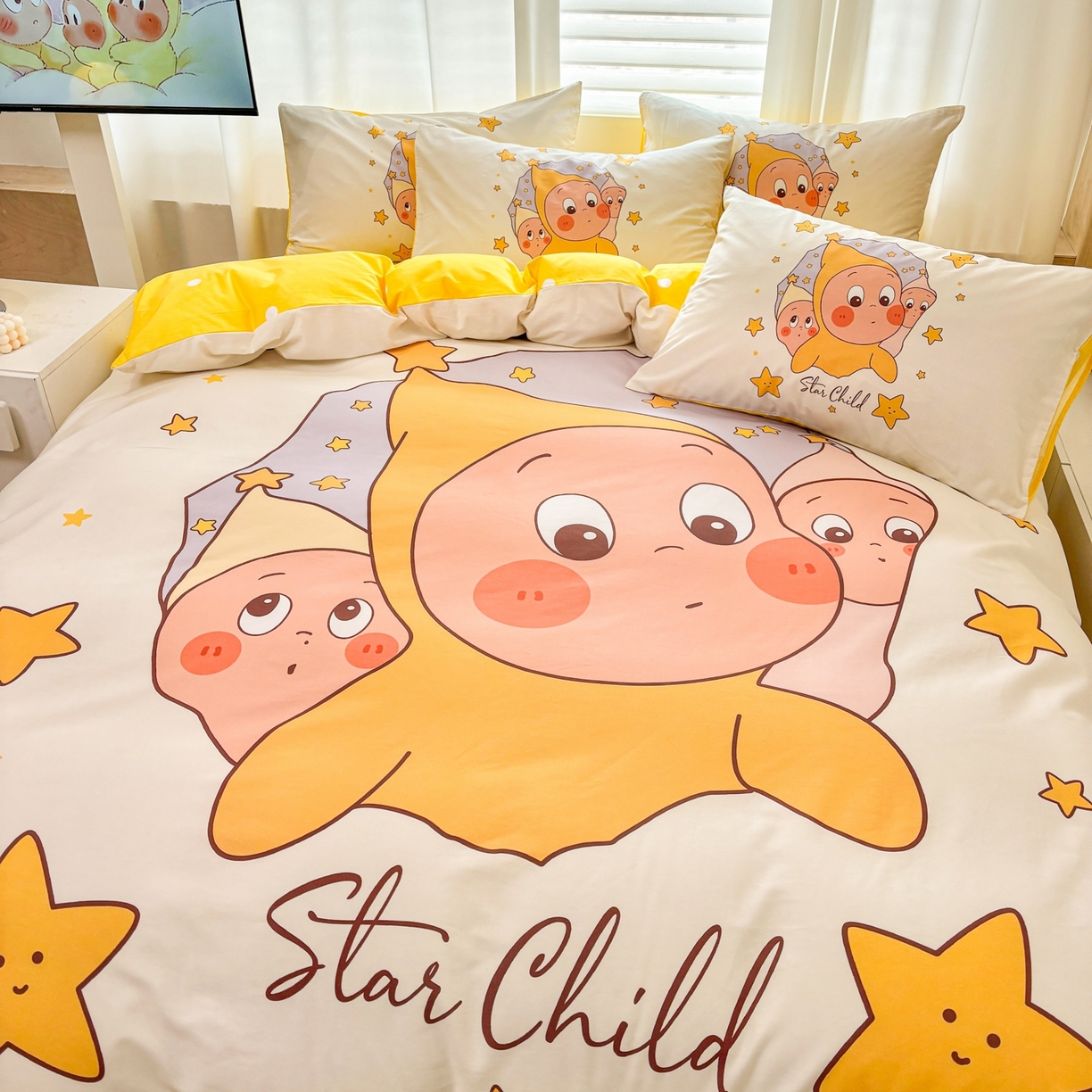 91家纺网 家纺一手货源 找家纺 孩子王家纺 2026新款卡通亲肤全棉纯棉大版星星人系列四件套 星星糯米团