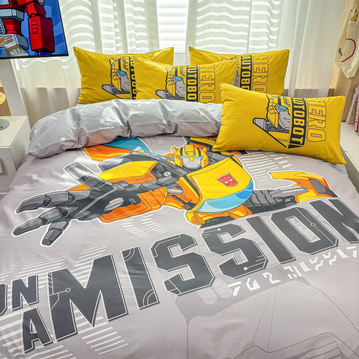 91家纺网 家纺一手货源 找家纺 孩子王家纺 2026新款卡通全棉纯棉正版授权大版变形金刚四件套 超能大黄蜂