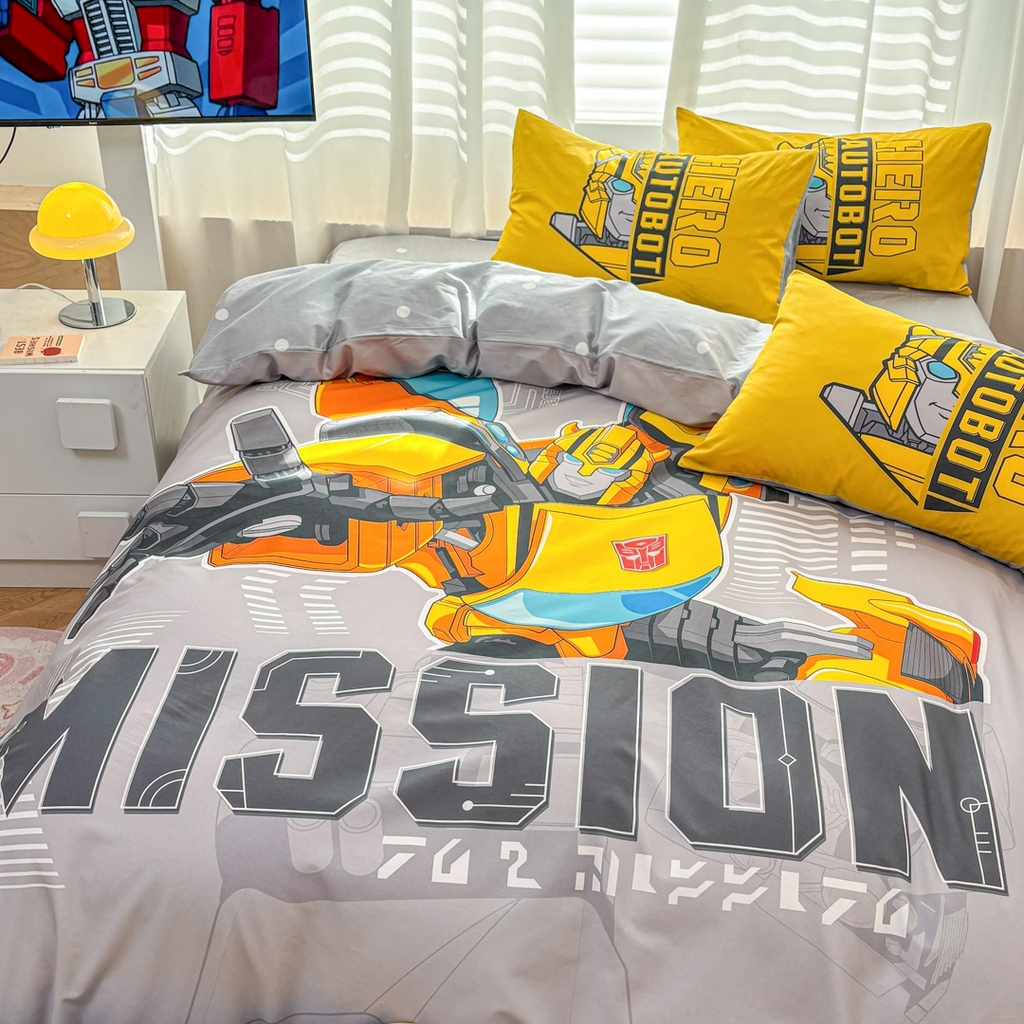 91家纺网 家纺一手货源 找家纺 孩子王家纺 2026新款卡通全棉纯棉正版授权大版变形金刚四件套 超能大黄蜂