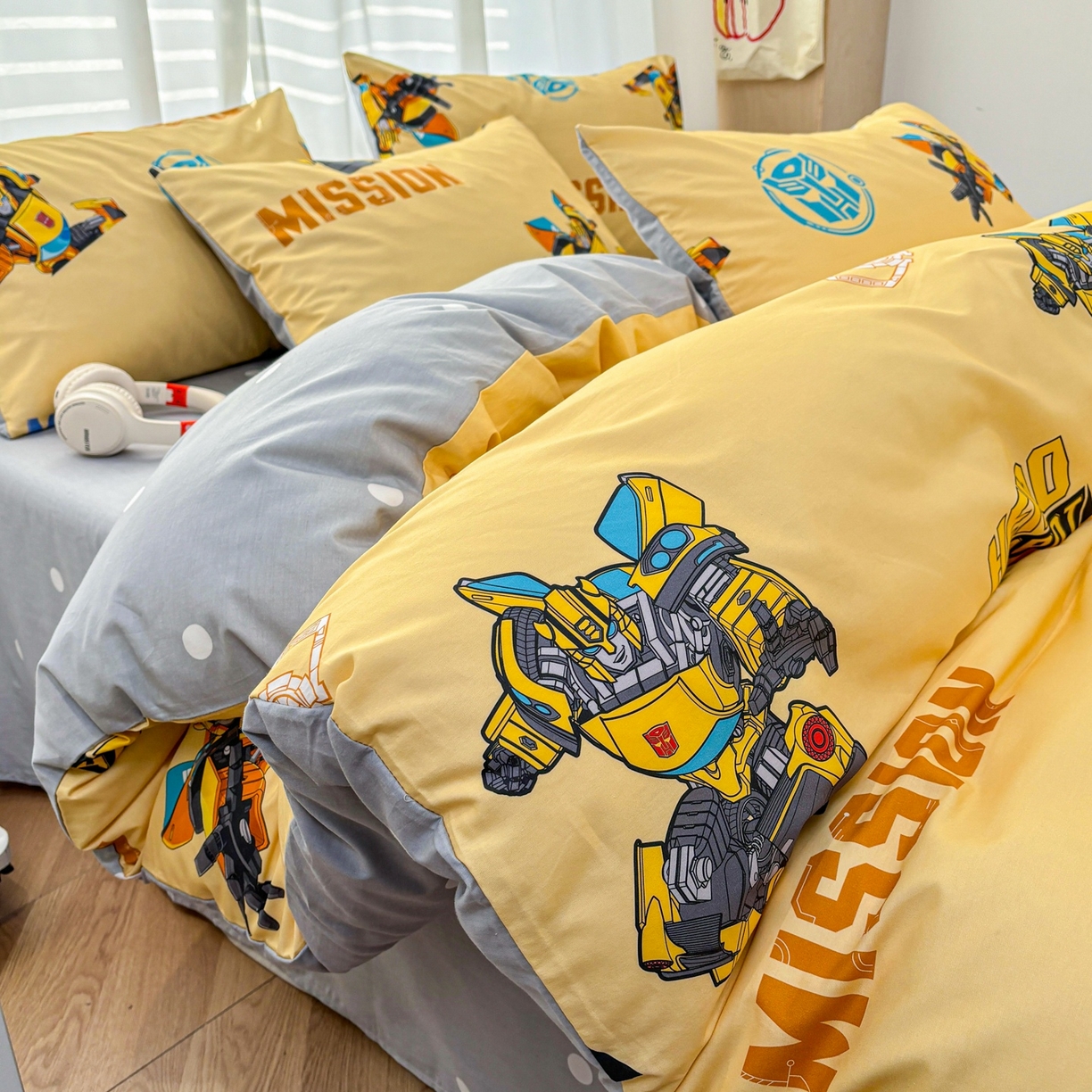 91家纺网 家纺一手货源 找家纺 孩子王家纺 2026新款卡通全棉纯棉正版授权大版变形金刚四件套 黄蜂伙伴