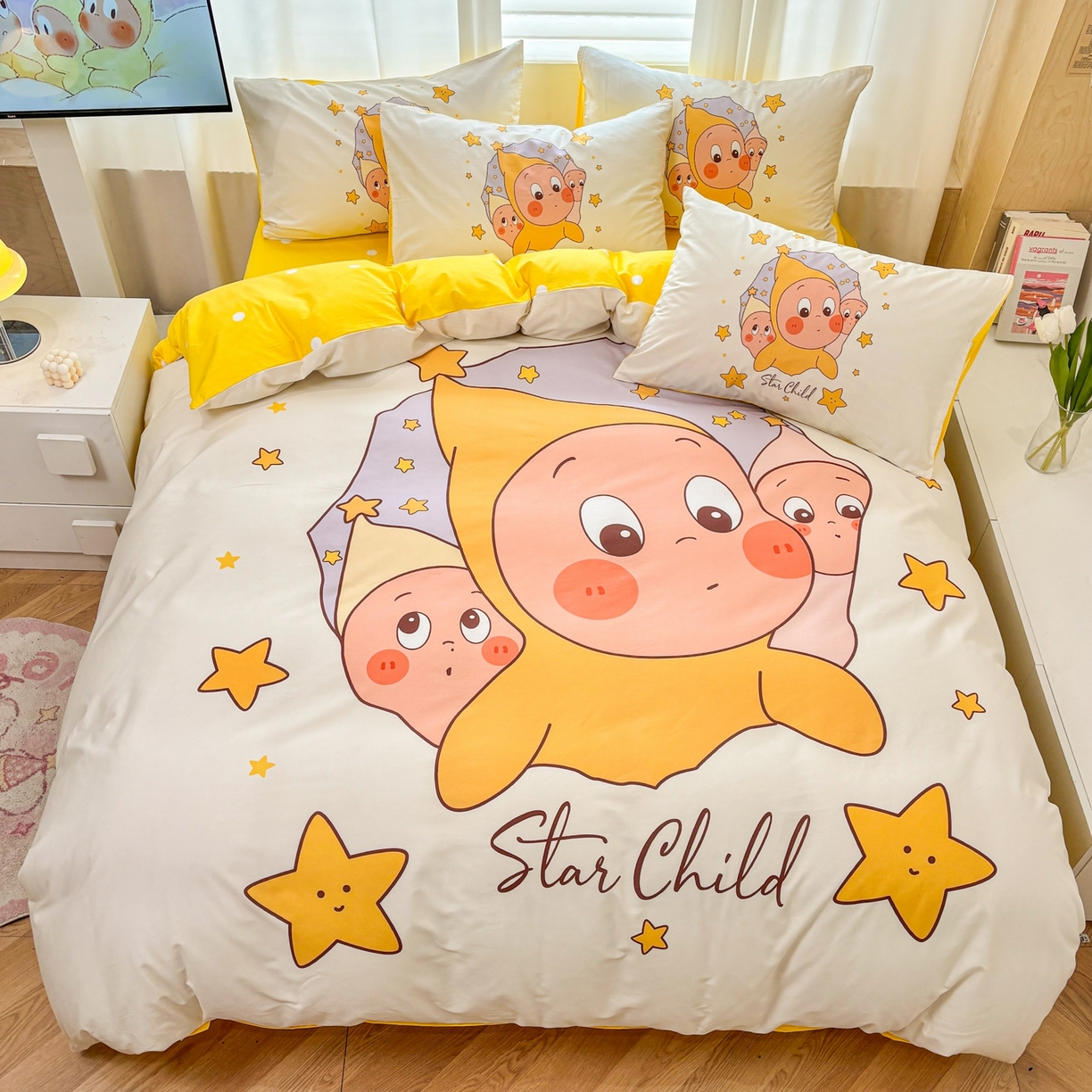 91家纺网 家纺一手货源 找家纺 孩子王家纺 2026新款卡通亲肤全棉纯棉大版星星人系列四件套 星星糯米团