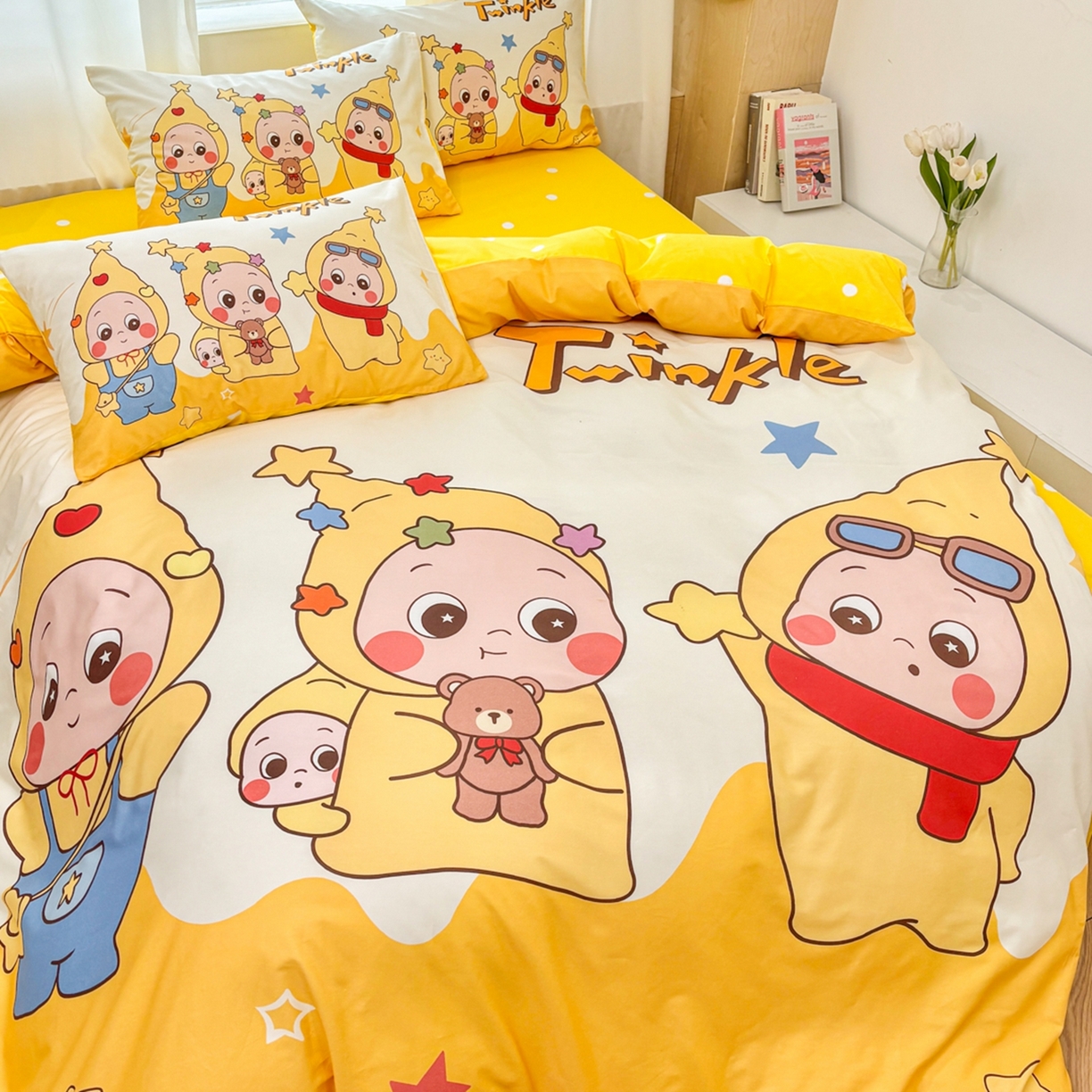 91家纺网 家纺一手货源 找家纺 孩子王家纺 2026新款卡通亲肤全棉纯棉大版星星人系列四件套 星星小纵队