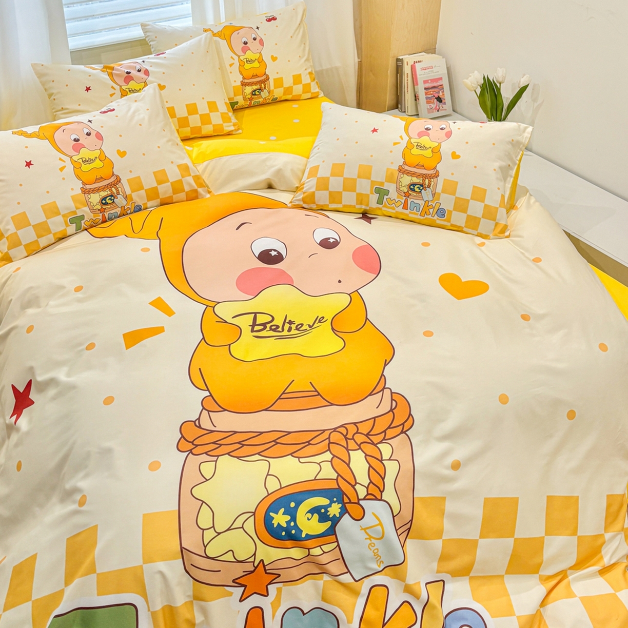 91家纺网 家纺一手货源 找家纺 孩子王家纺 2026新款卡通亲肤全棉纯棉大版星星人系列四件套 芝士星梦