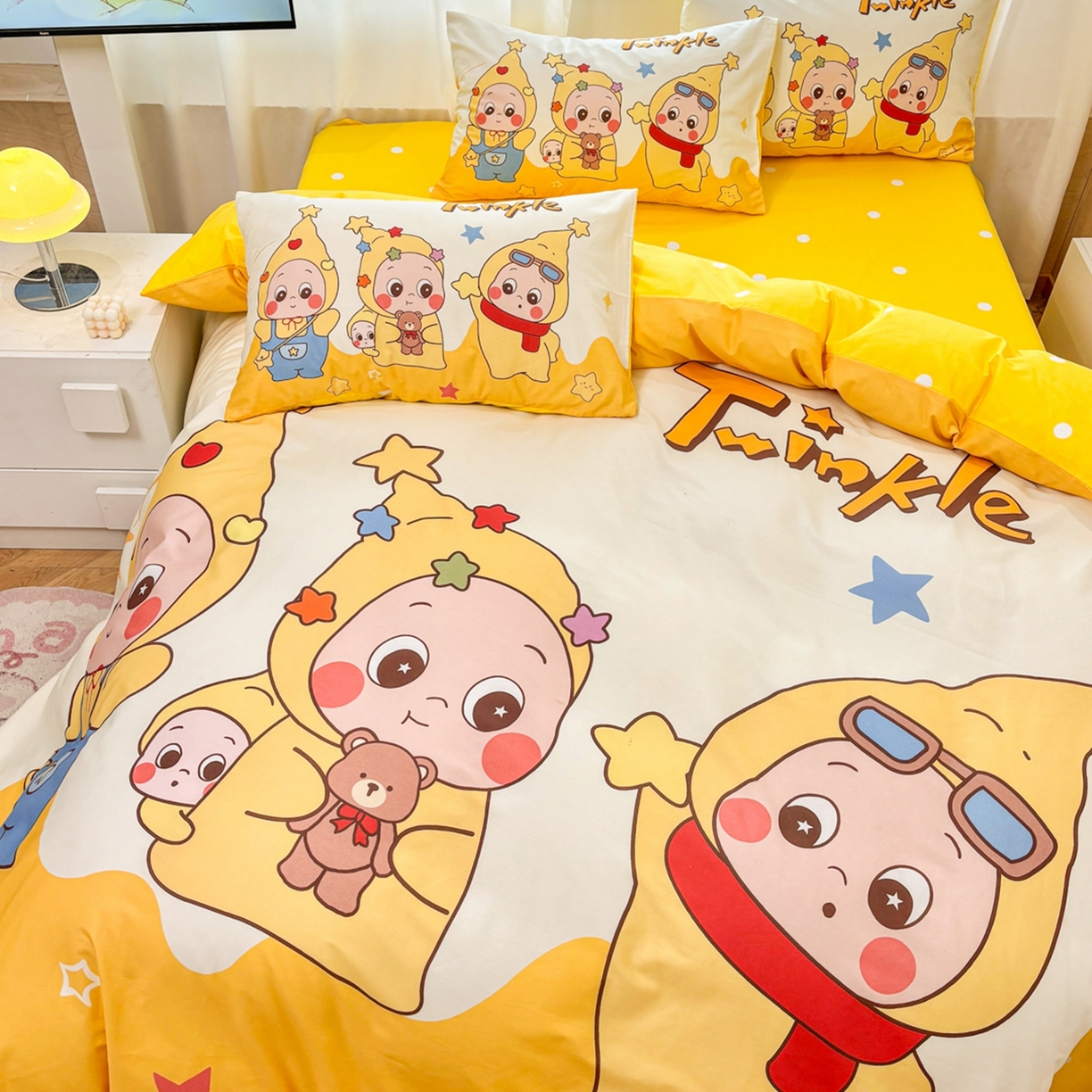 91家纺网 家纺一手货源 找家纺 孩子王家纺 2026新款卡通亲肤全棉纯棉大版星星人系列四件套 星星小纵队