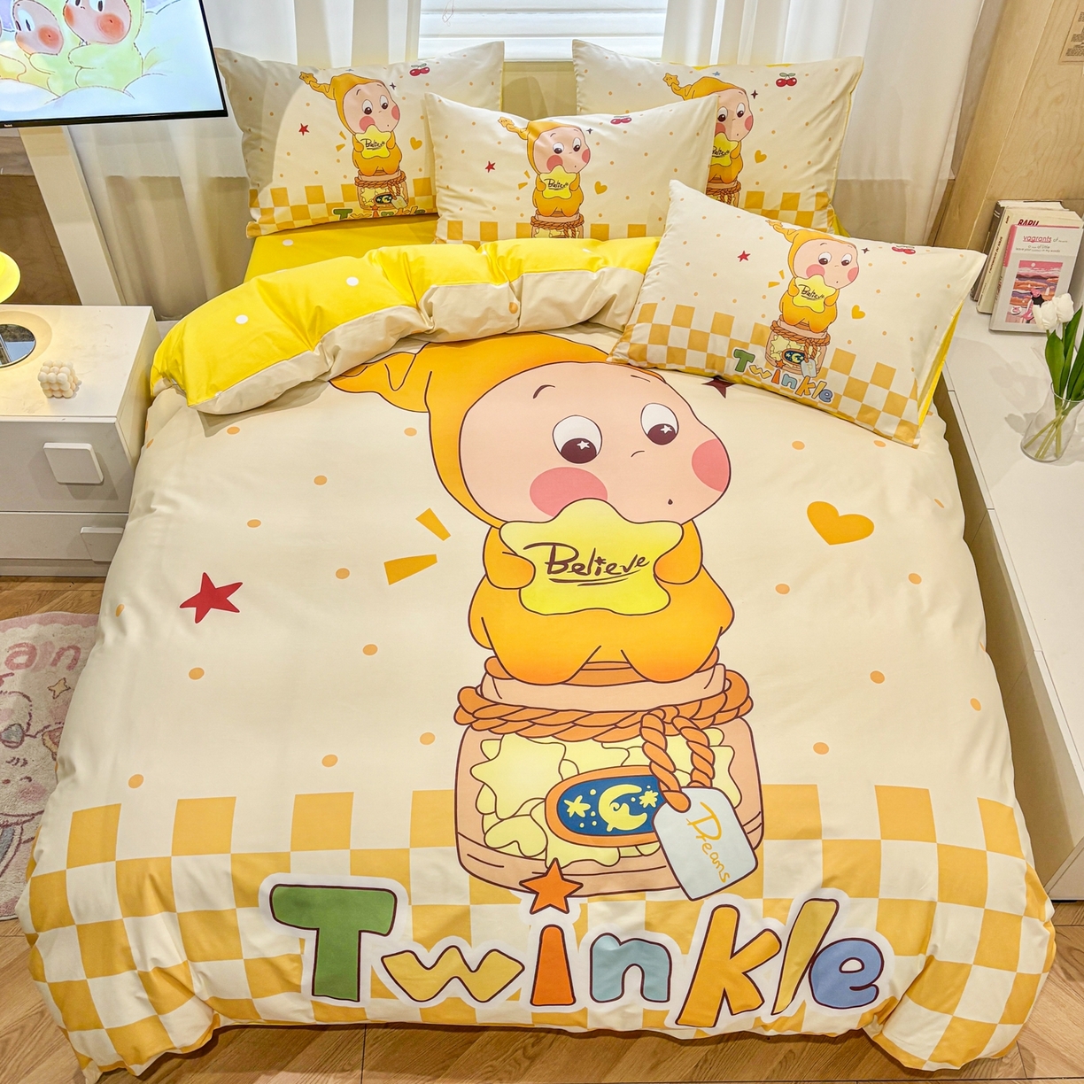 91家纺网 家纺一手货源 找家纺 孩子王家纺 2026新款卡通亲肤全棉纯棉大版星星人系列四件套 芝士星梦