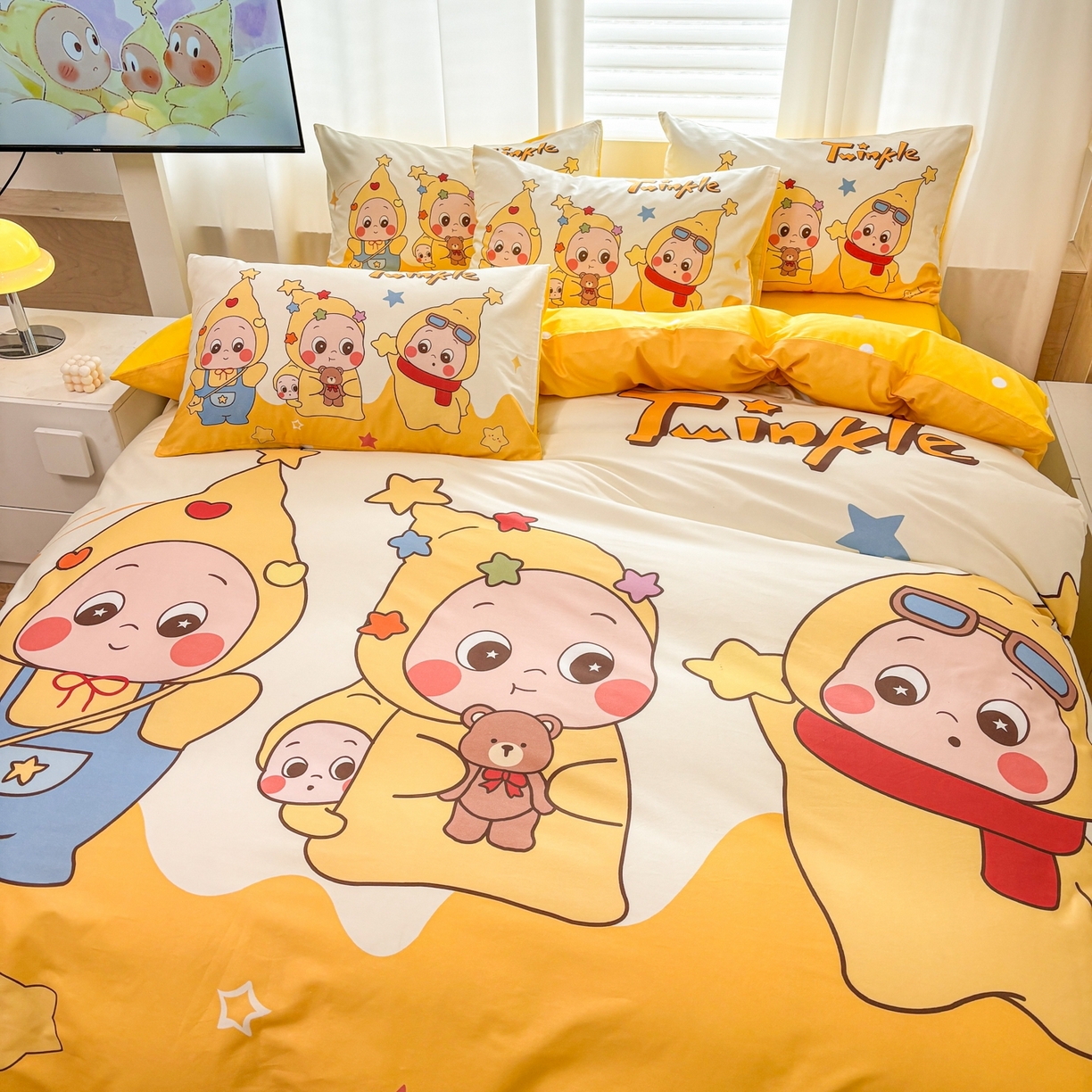 91家纺网 家纺一手货源 找家纺 孩子王家纺 2026新款卡通亲肤全棉纯棉大版星星人系列四件套 星星小纵队