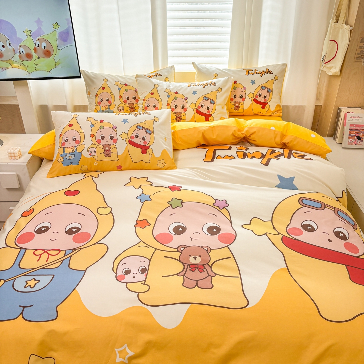 91家纺网 家纺一手货源 找家纺 孩子王家纺 2026新款卡通亲肤全棉纯棉大版星星人系列四件套 星星小纵队