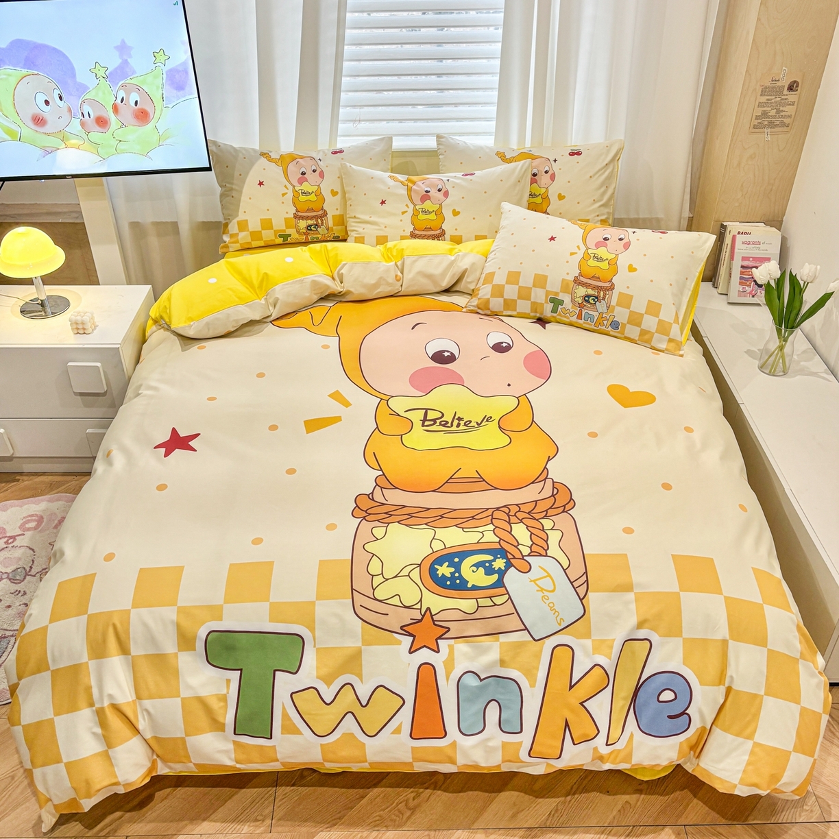 孩子王家纺 2026新款卡通亲肤全棉纯棉大版星星人系列四件套 芝士星梦