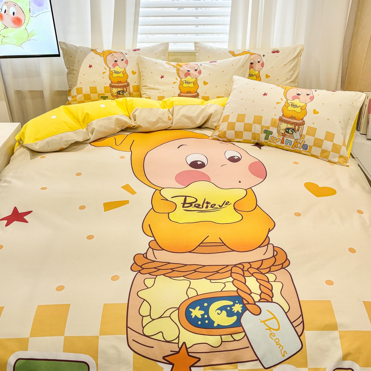 91家纺网 家纺一手货源 找家纺 孩子王家纺 2026新款卡通亲肤全棉纯棉大版星星人系列四件套 芝士星梦