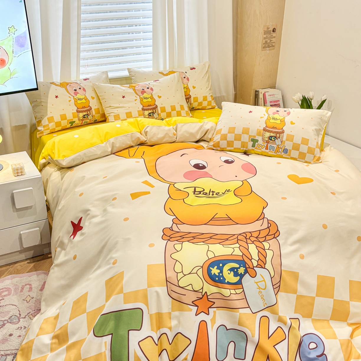 91家纺网 家纺一手货源 找家纺 孩子王家纺 2026新款卡通亲肤全棉纯棉大版星星人系列四件套 芝士星梦