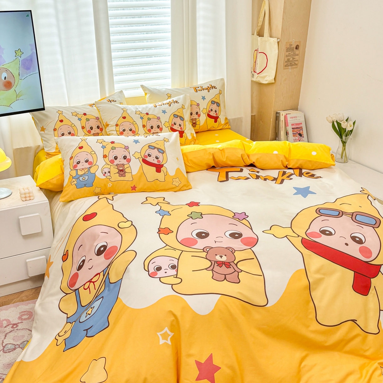 91家纺网 家纺一手货源 找家纺 孩子王家纺 2026新款卡通亲肤全棉纯棉大版星星人系列四件套 星星小纵队