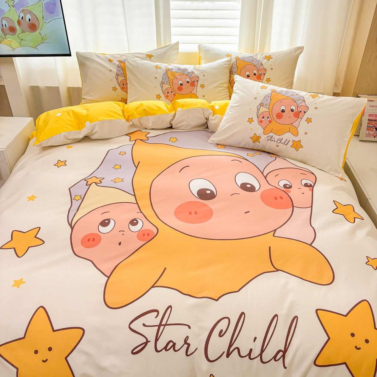 91家纺网 家纺一手货源 找家纺 孩子王家纺 2026新款卡通亲肤全棉纯棉大版星星人系列四件套 星星糯米团