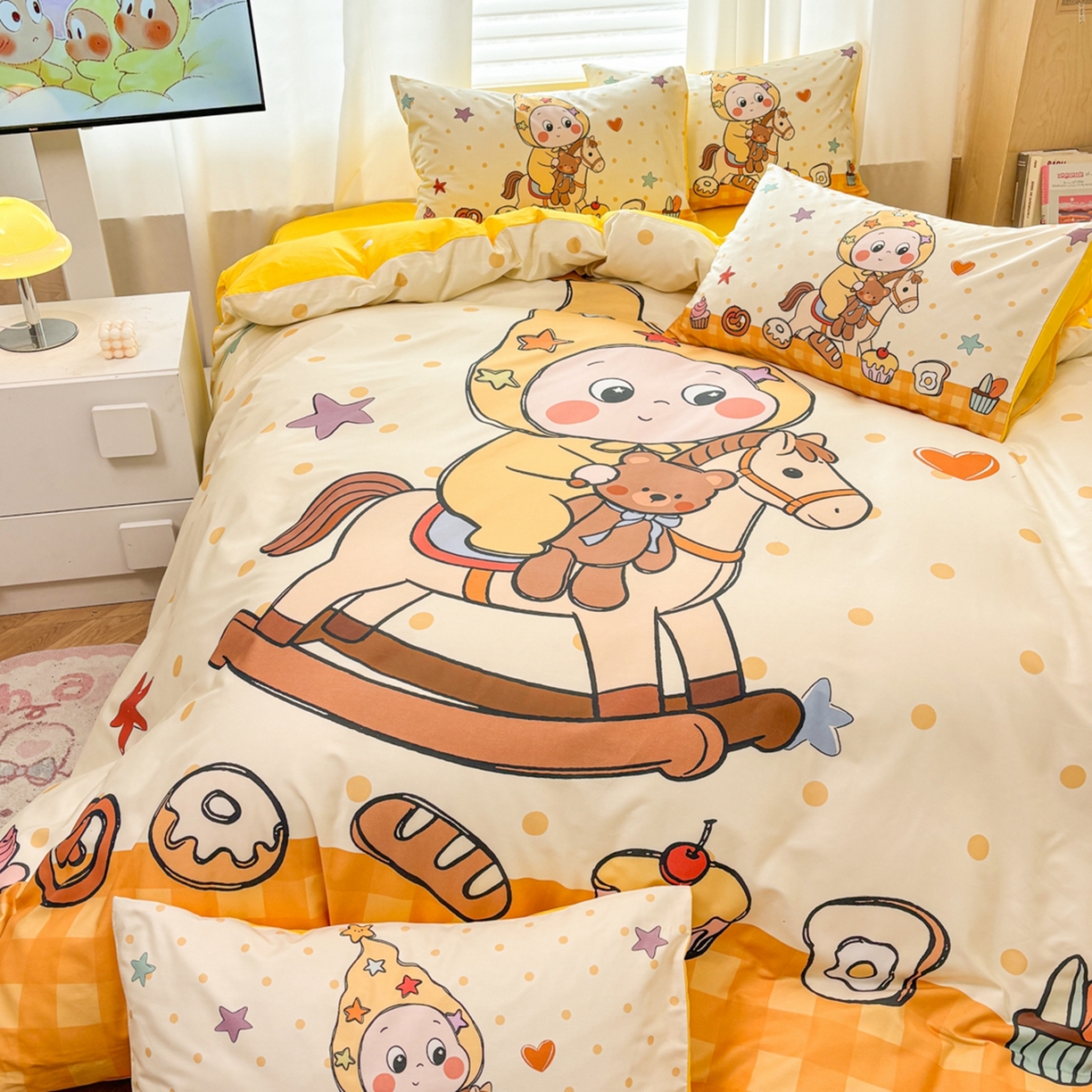 91家纺网 家纺一手货源 找家纺 孩子王家纺 2026新款卡通亲肤全棉纯棉大版星星人系列四件套 焦糖木马