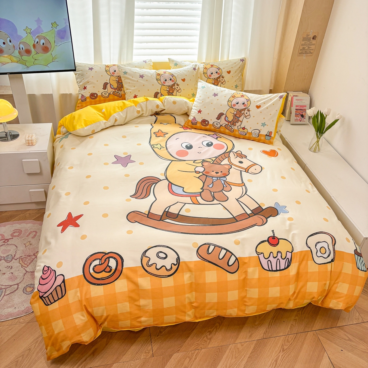 91家纺网 家纺一手货源 找家纺 孩子王家纺 2026新款卡通亲肤全棉纯棉大版星星人系列四件套 焦糖木马