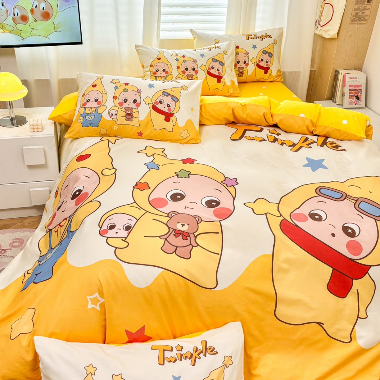 91家纺网 家纺一手货源 找家纺 孩子王家纺 2026新款卡通亲肤全棉纯棉大版星星人系列四件套 星星小纵队