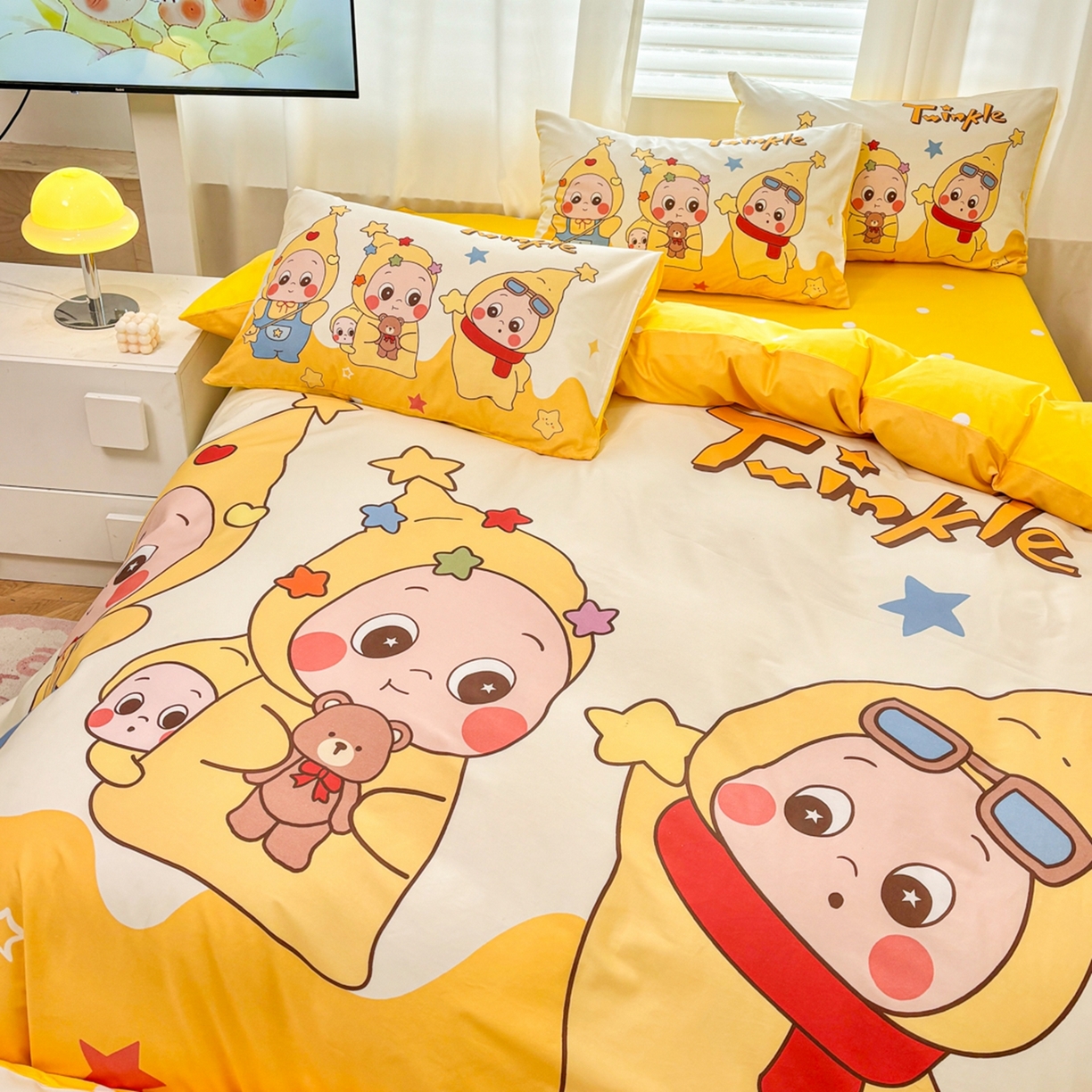 91家纺网 家纺一手货源 找家纺 孩子王家纺 2026新款卡通亲肤全棉纯棉大版星星人系列四件套 星星小纵队