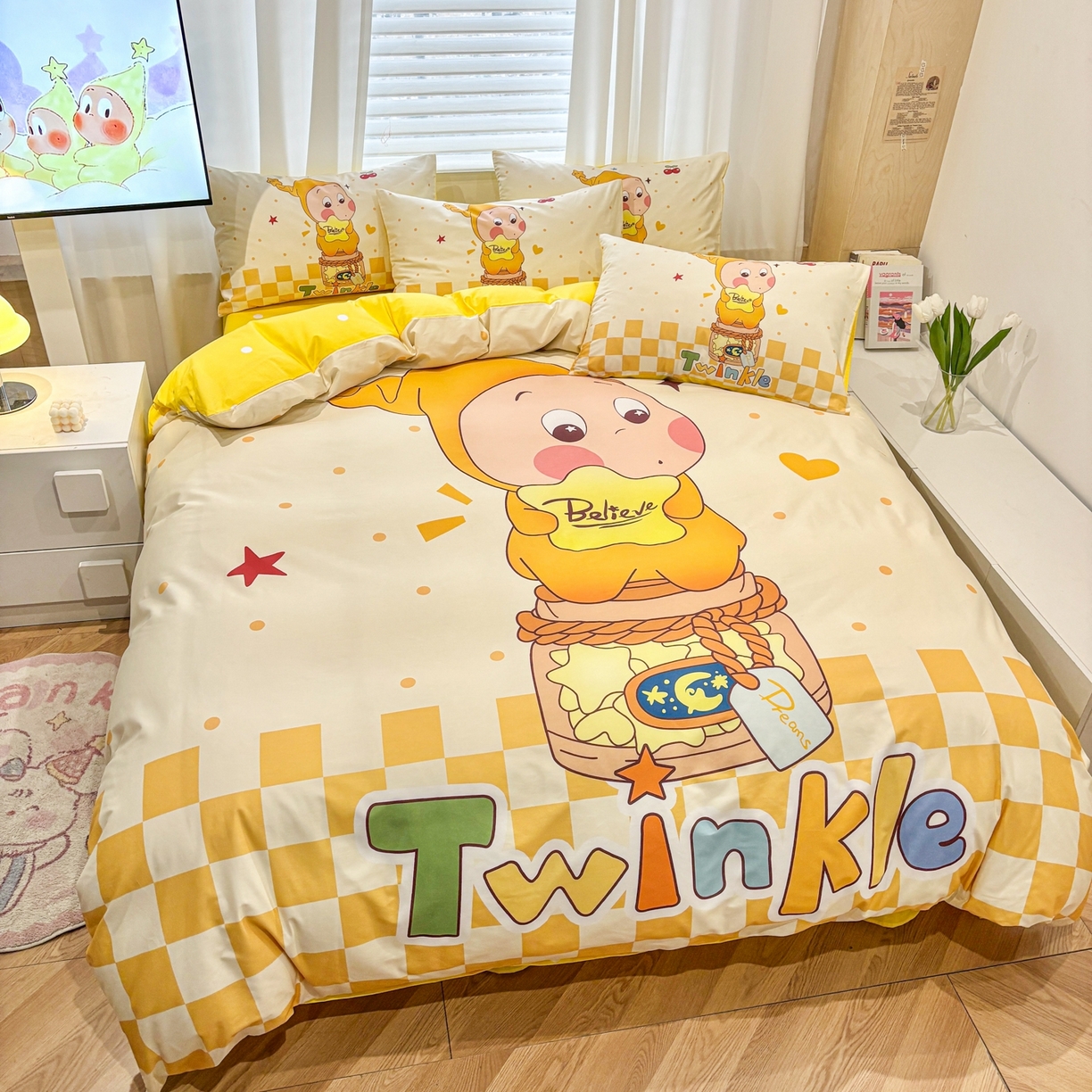 91家纺网 家纺一手货源 找家纺 孩子王家纺 2026新款卡通亲肤全棉纯棉大版星星人系列四件套 芝士星梦