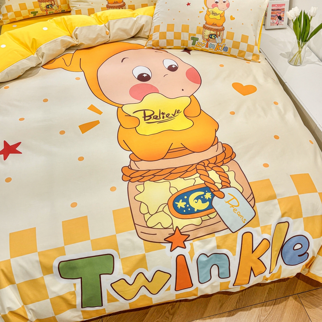 91家纺网 家纺一手货源 找家纺 孩子王家纺 2026新款卡通亲肤全棉纯棉大版星星人系列四件套 芝士星梦