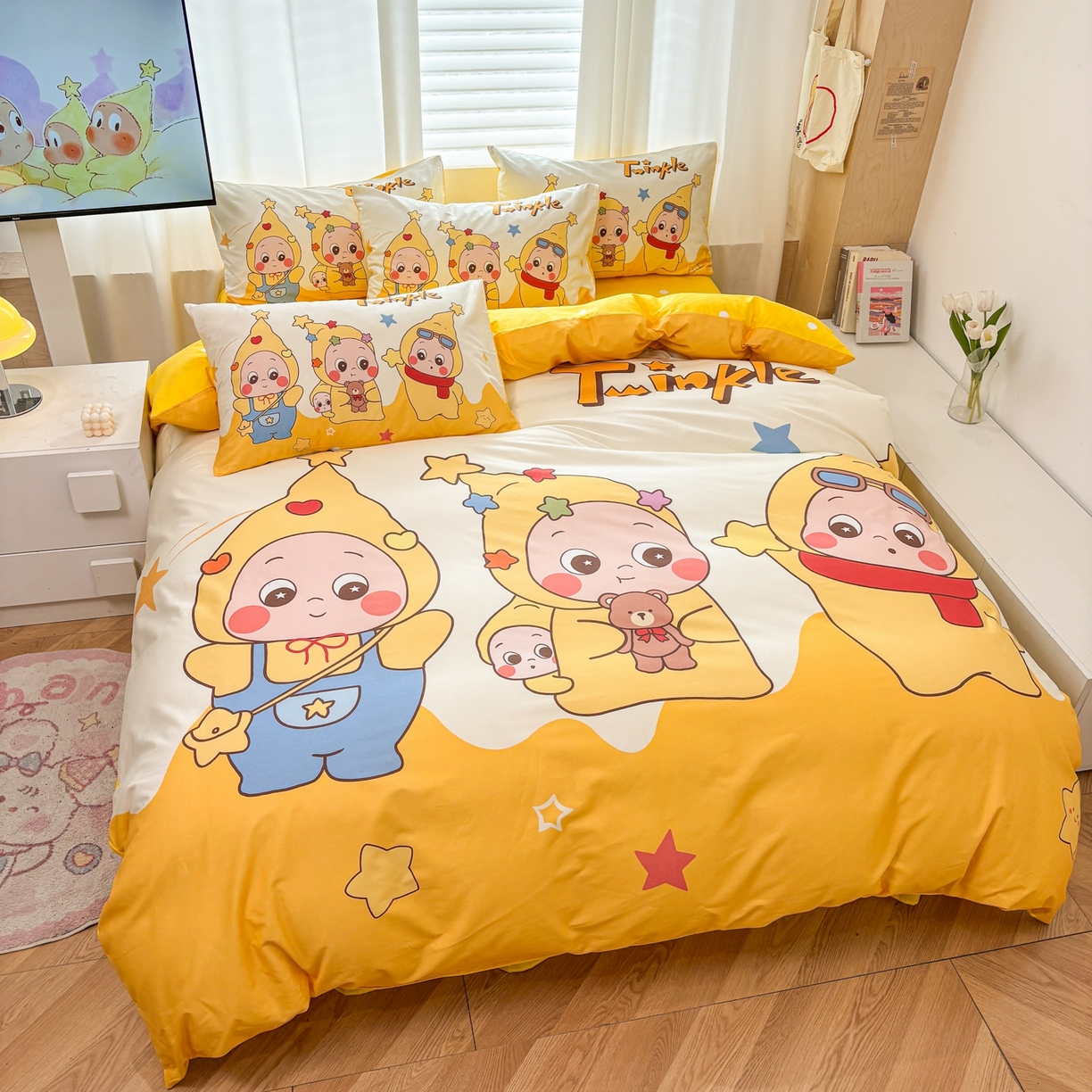 91家纺网 家纺一手货源 找家纺 孩子王家纺 2026新款卡通亲肤全棉纯棉大版星星人系列四件套 星星小纵队