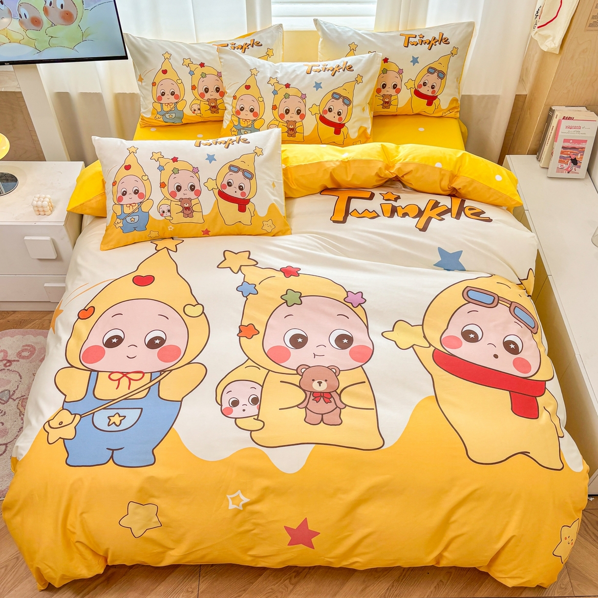 91家纺网 家纺一手货源 找家纺 孩子王家纺 2026新款卡通亲肤全棉纯棉大版星星人系列四件套 星星小纵队