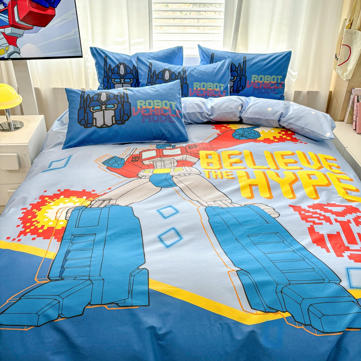 91家纺网 家纺一手货源 找家纺 孩子王家纺 2026新款卡通全棉纯棉正版授权大版变形金刚四件套 机甲擎天柱