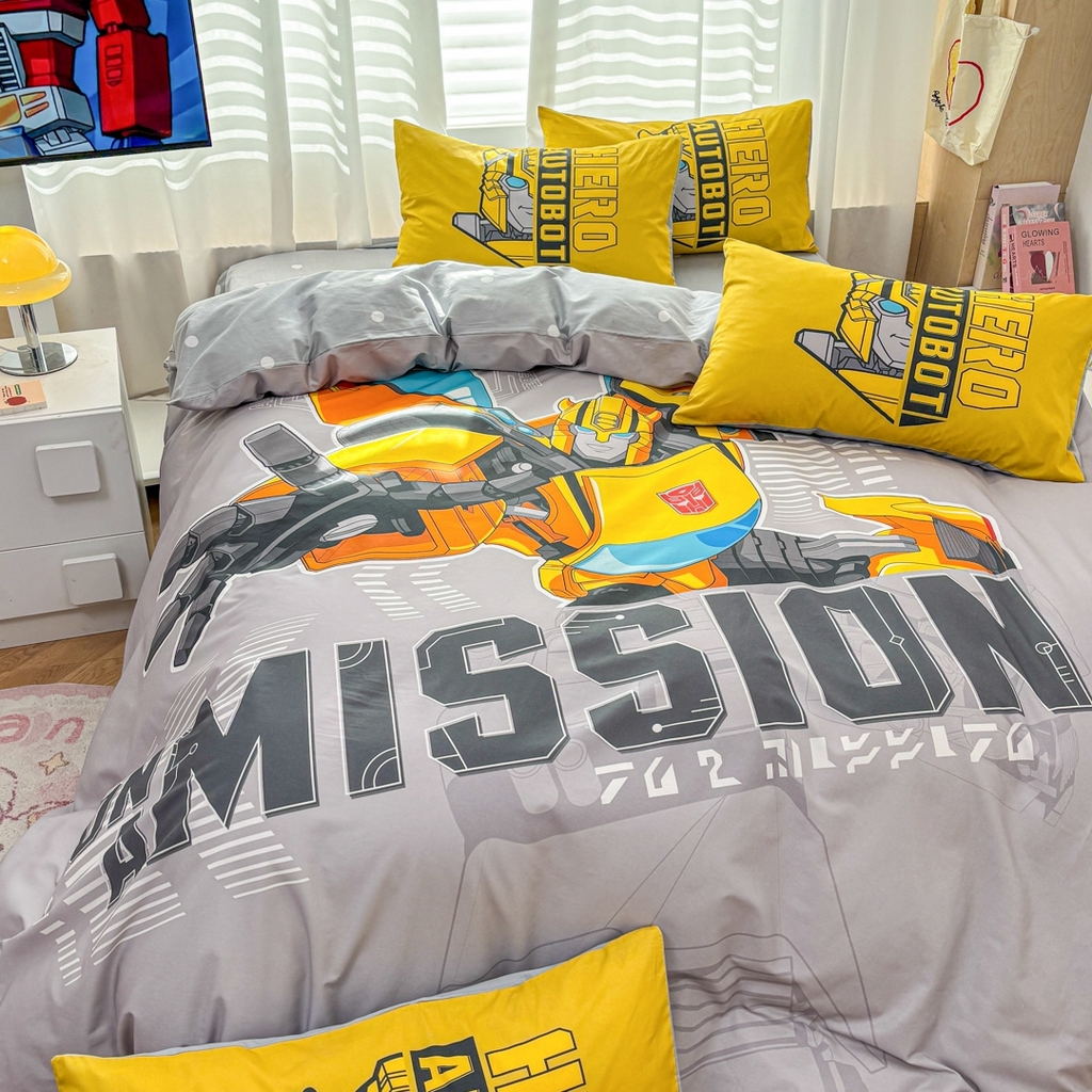 91家纺网 家纺一手货源 找家纺 孩子王家纺 2026新款卡通全棉纯棉正版授权大版变形金刚四件套 超能大黄蜂