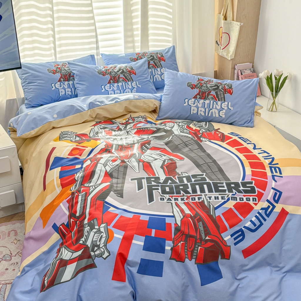 91家纺网 家纺一手货源 找家纺 孩子王家纺 2026新款卡通全棉纯棉正版授权大版变形金刚四件套 热血金刚