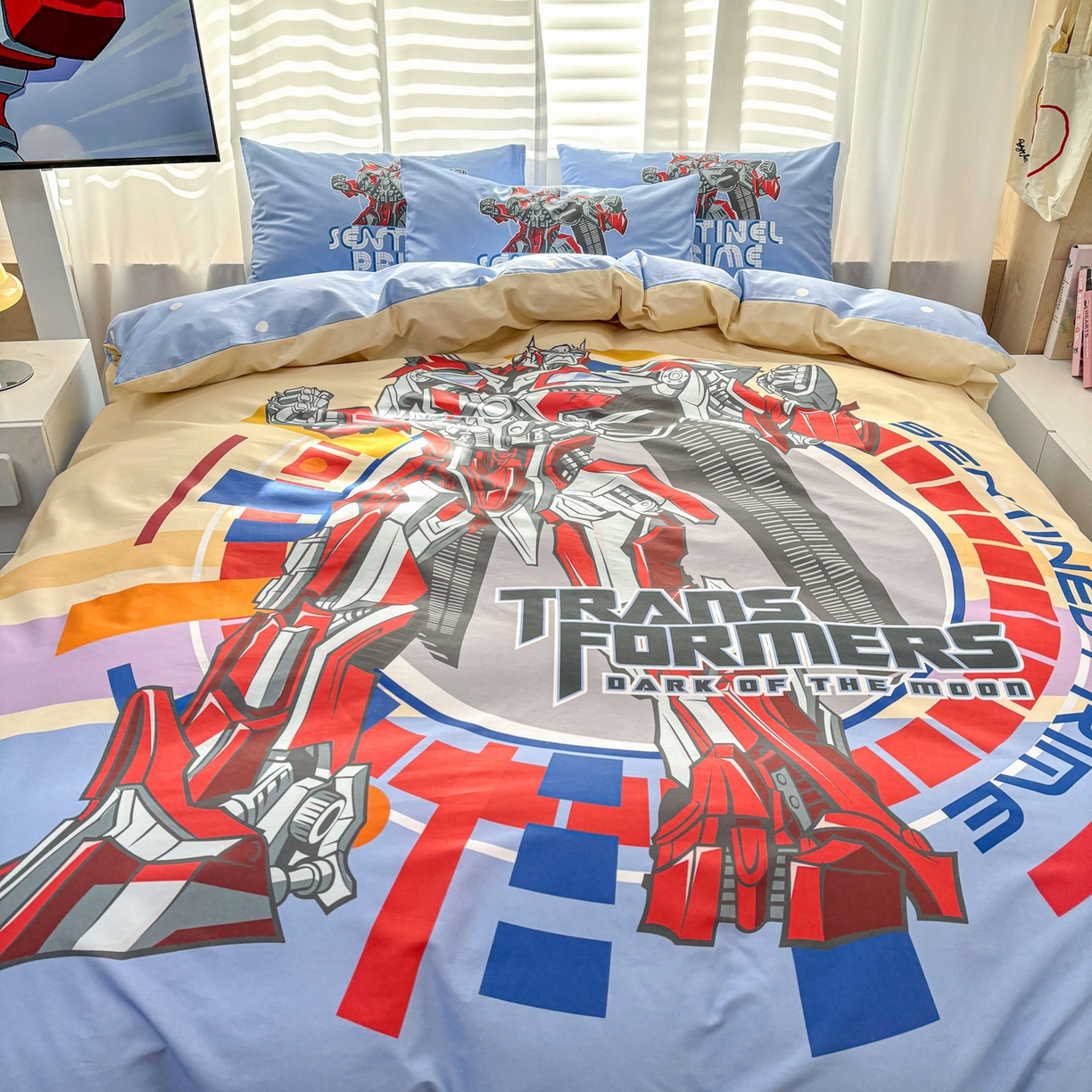 91家纺网 家纺一手货源 找家纺 孩子王家纺 2026新款卡通全棉纯棉正版授权大版变形金刚四件套 热血金刚