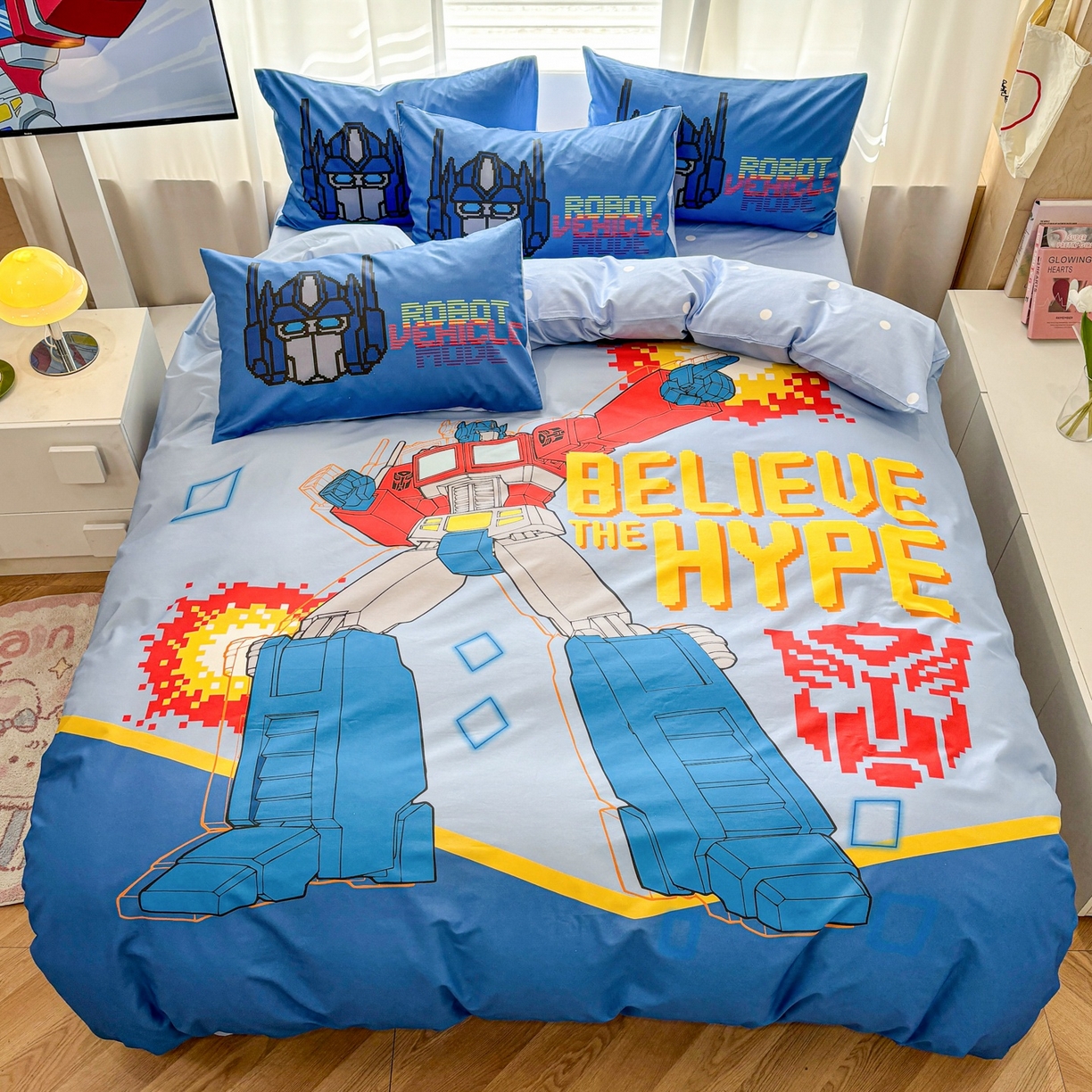 91家纺网 家纺一手货源 找家纺 孩子王家纺 2026新款卡通全棉纯棉正版授权大版变形金刚四件套 机甲擎天柱