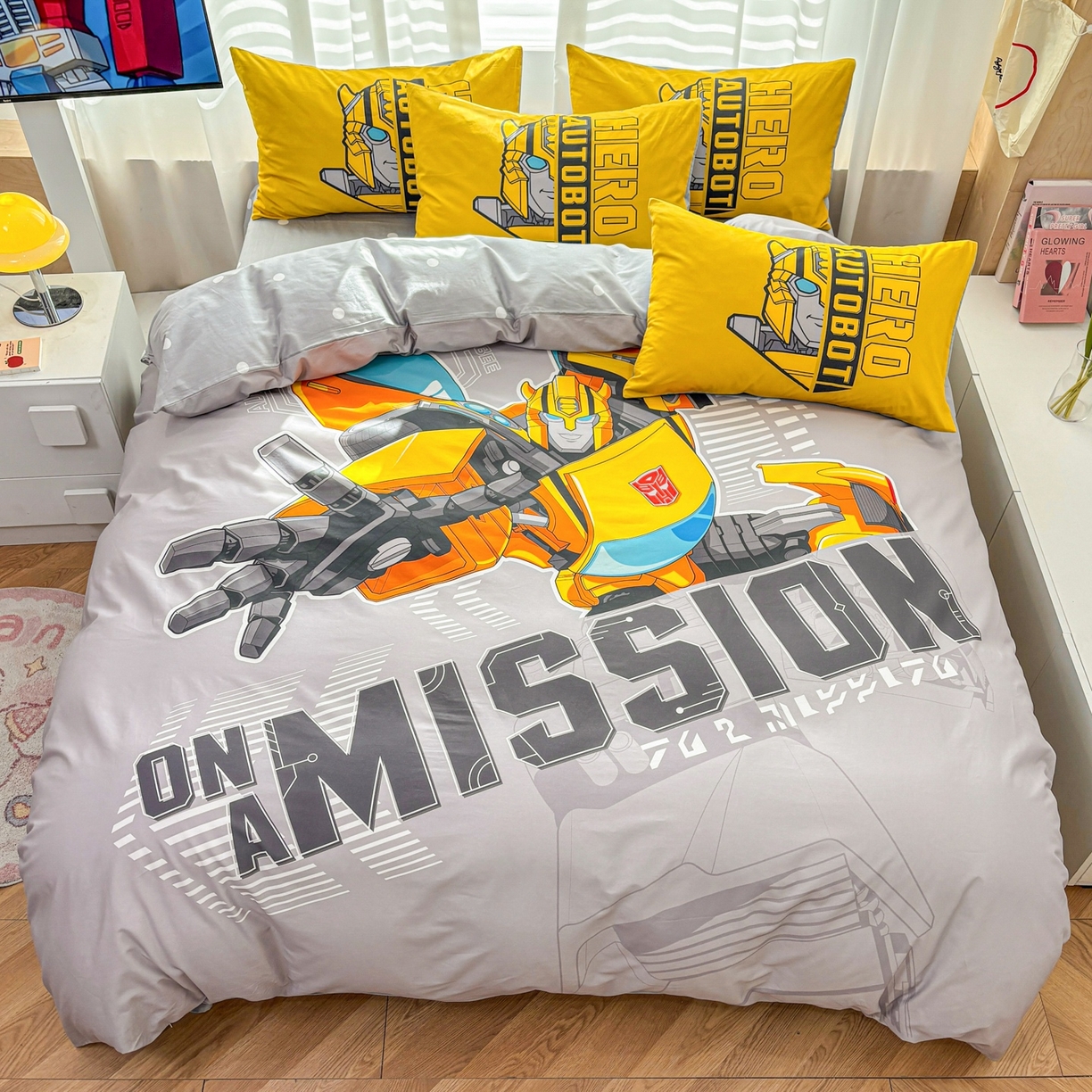 91家纺网 家纺一手货源 找家纺 孩子王家纺 2026新款卡通全棉纯棉正版授权大版变形金刚四件套 超能大黄蜂