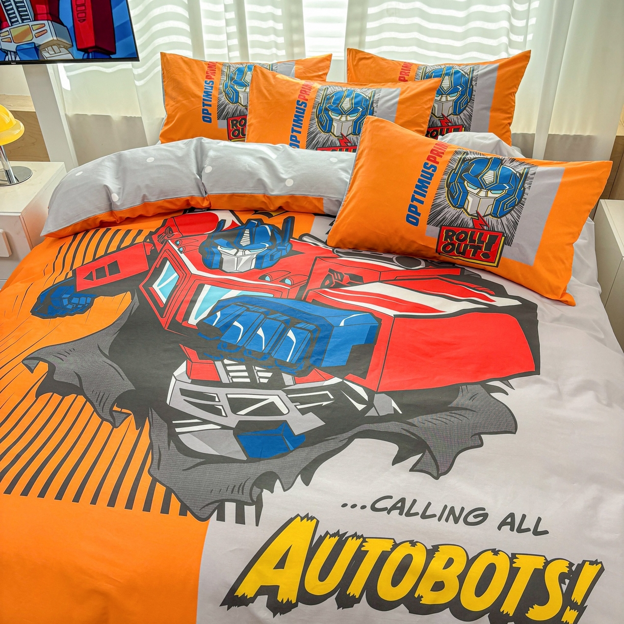 91家纺网 家纺一手货源 找家纺 孩子王家纺 2026新款卡通全棉纯棉正版授权大版变形金刚四件套 战甲擎天柱