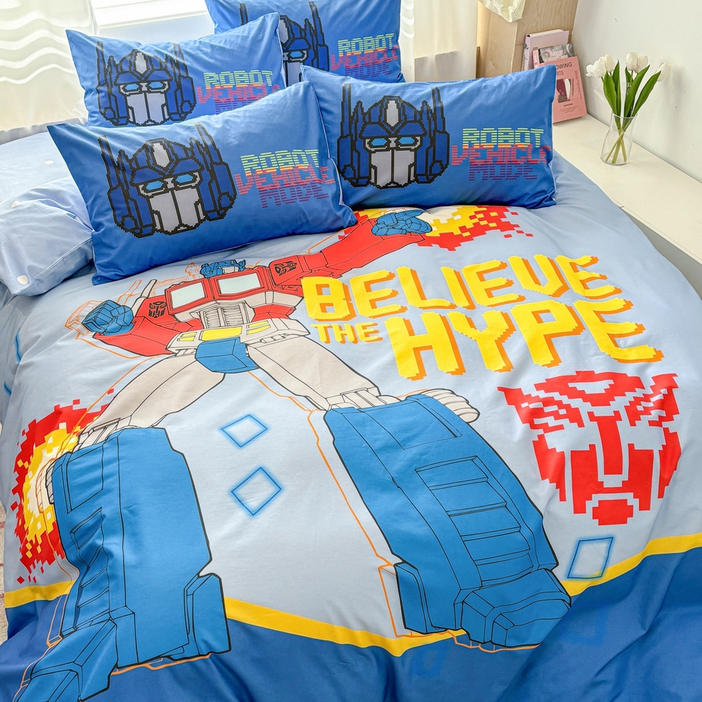 91家纺网 家纺一手货源 找家纺 孩子王家纺 2026新款卡通全棉纯棉正版授权大版变形金刚四件套 机甲擎天柱