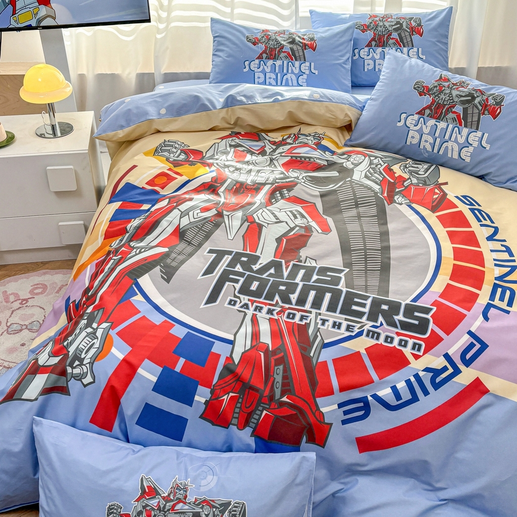 91家纺网 家纺一手货源 找家纺 孩子王家纺 2026新款卡通全棉纯棉正版授权大版变形金刚四件套 热血金刚