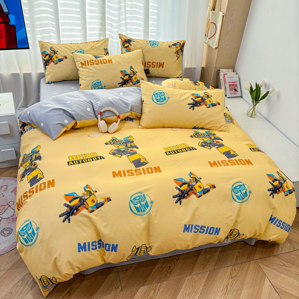 91家纺网 家纺一手货源 找家纺 孩子王家纺 2026新款卡通全棉纯棉正版授权大版变形金刚四件套 黄蜂伙伴